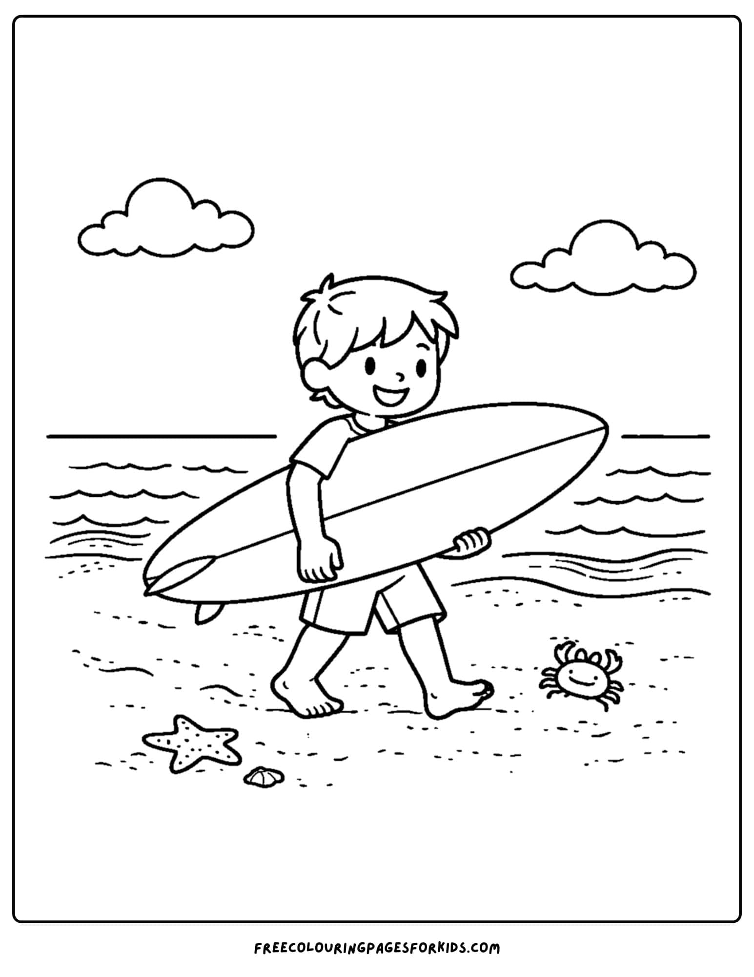 a summer theme coloring page of a boy holding a surf board under his arm walking across the sand to the water
