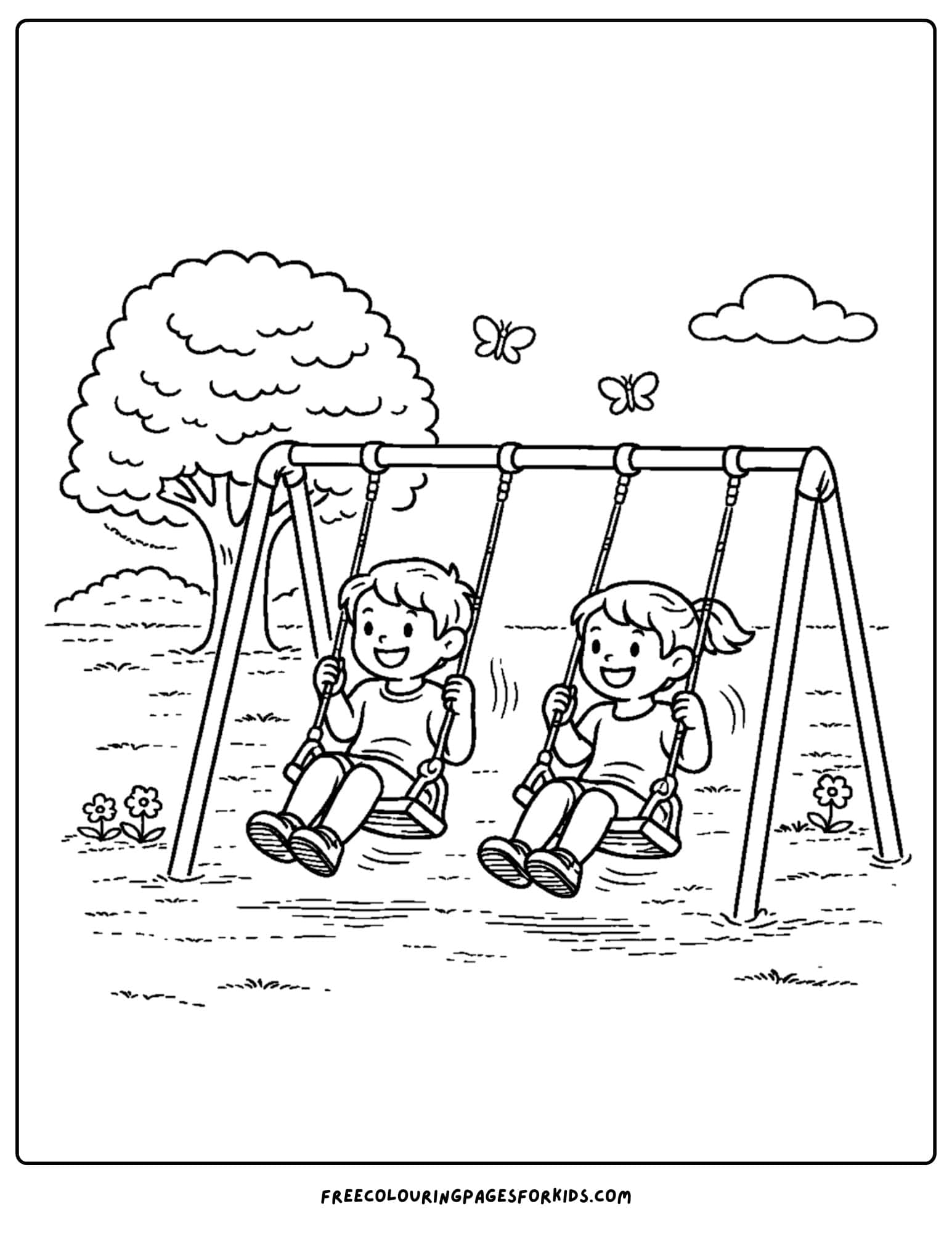 a summer theme coloring page of a two kids on swings