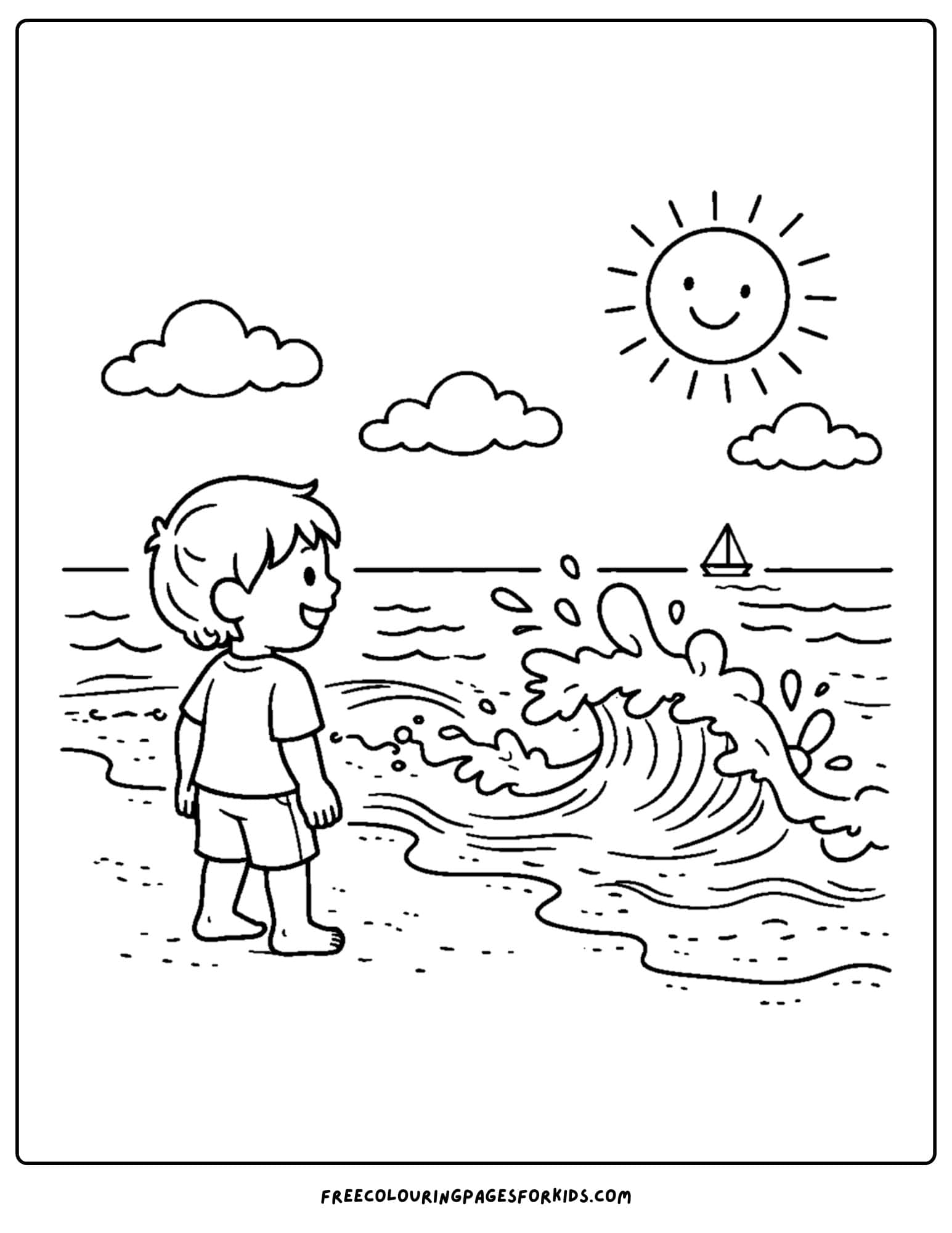 a summer theme coloring page of a child standing on the beach watching the waves crash in