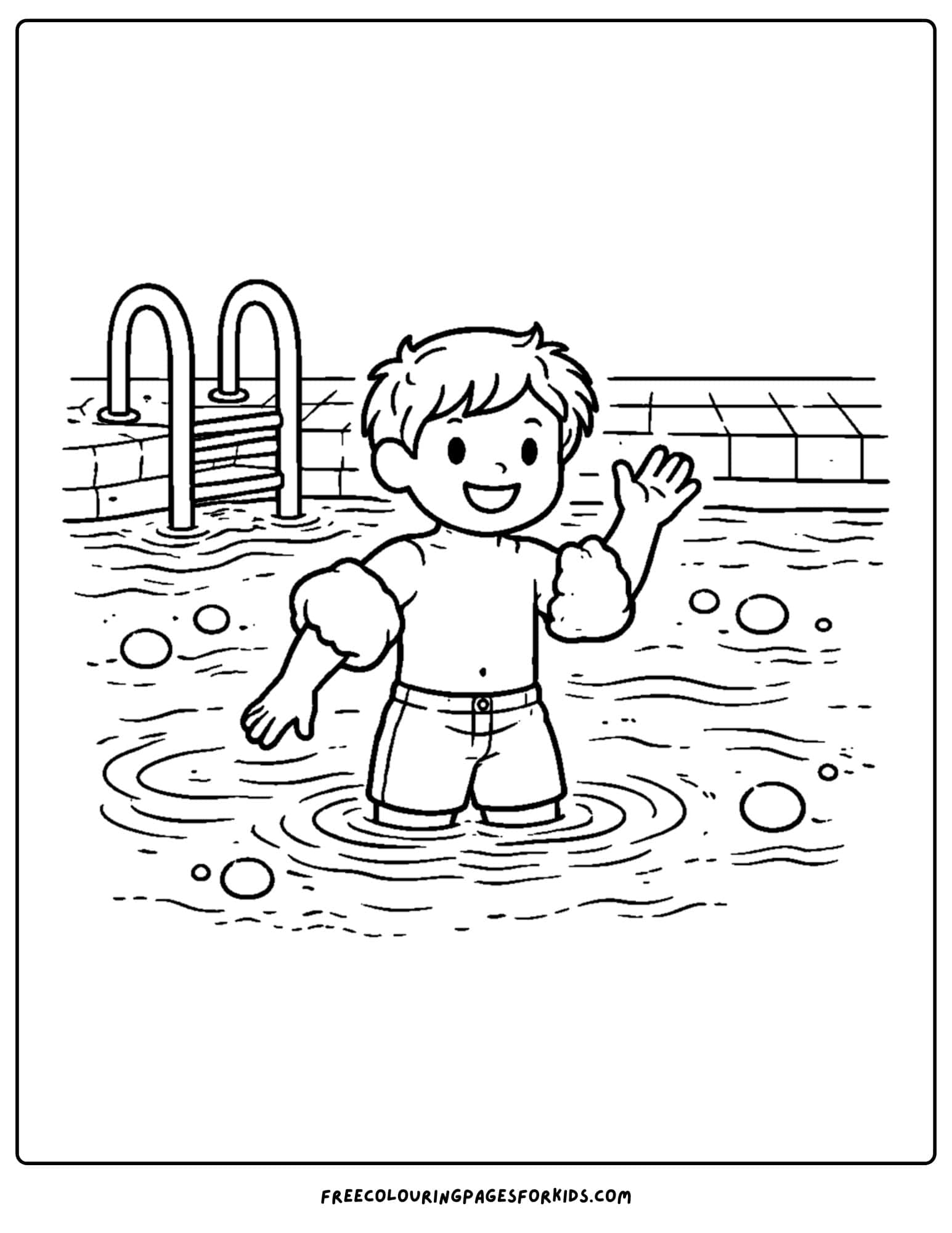 a summer theme coloring page of a child in the pool wearing arm floaties
