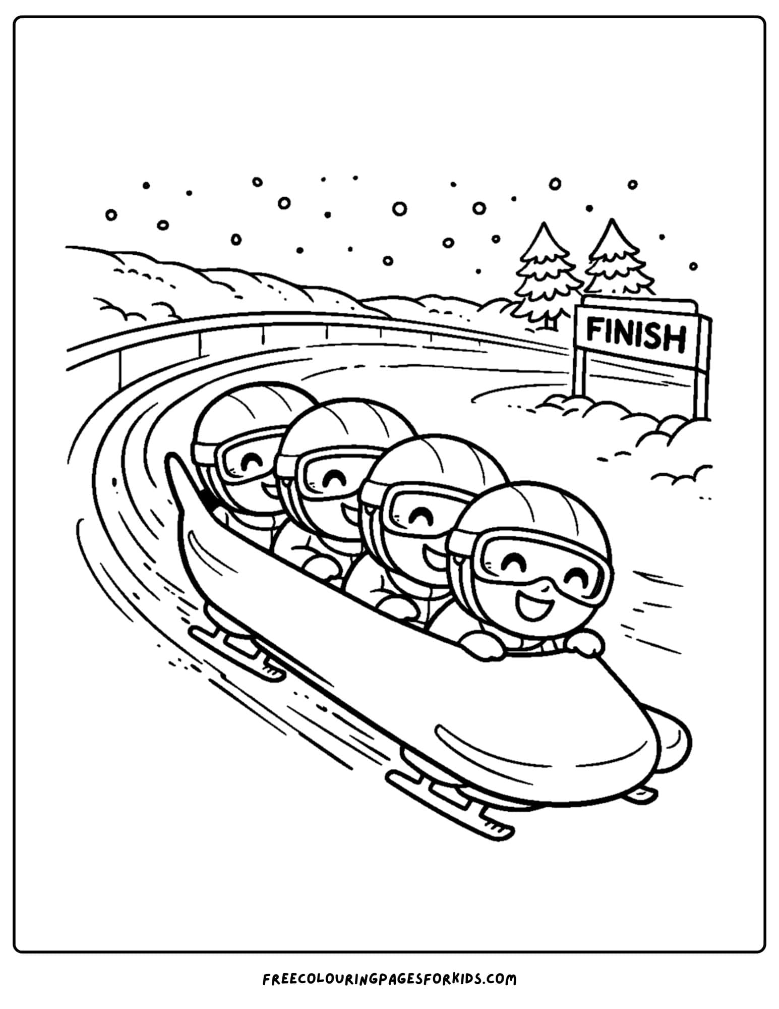 a winter olympics coloring page of a bobsleigh team doing around a curve