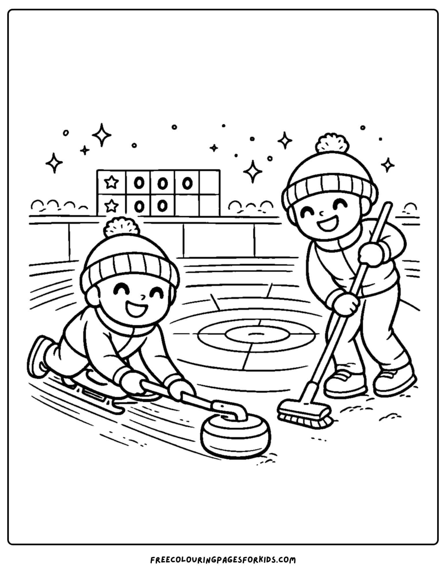 a winter olympics coloring page of a curling team competing