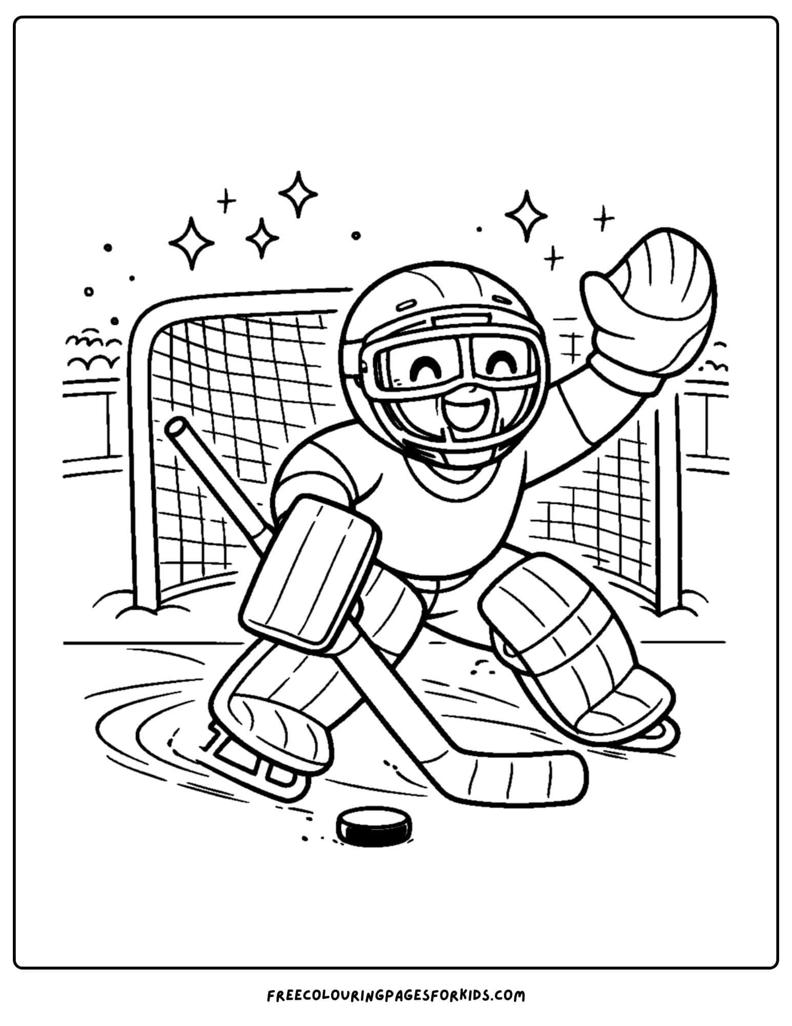 a winter olympics coloring page of an ice hockey goalie blocking a shot