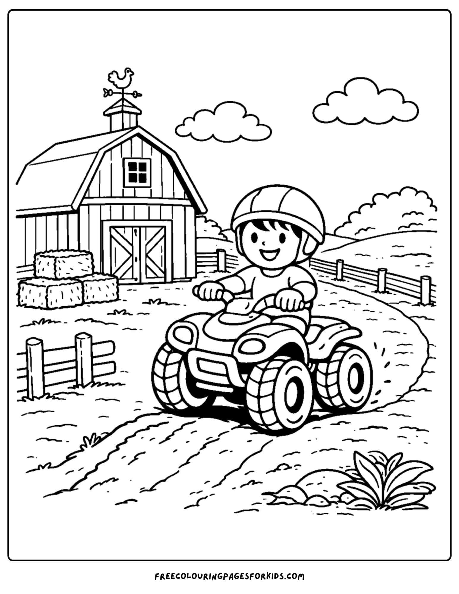 an atv coloring page showing a child helping on the farm