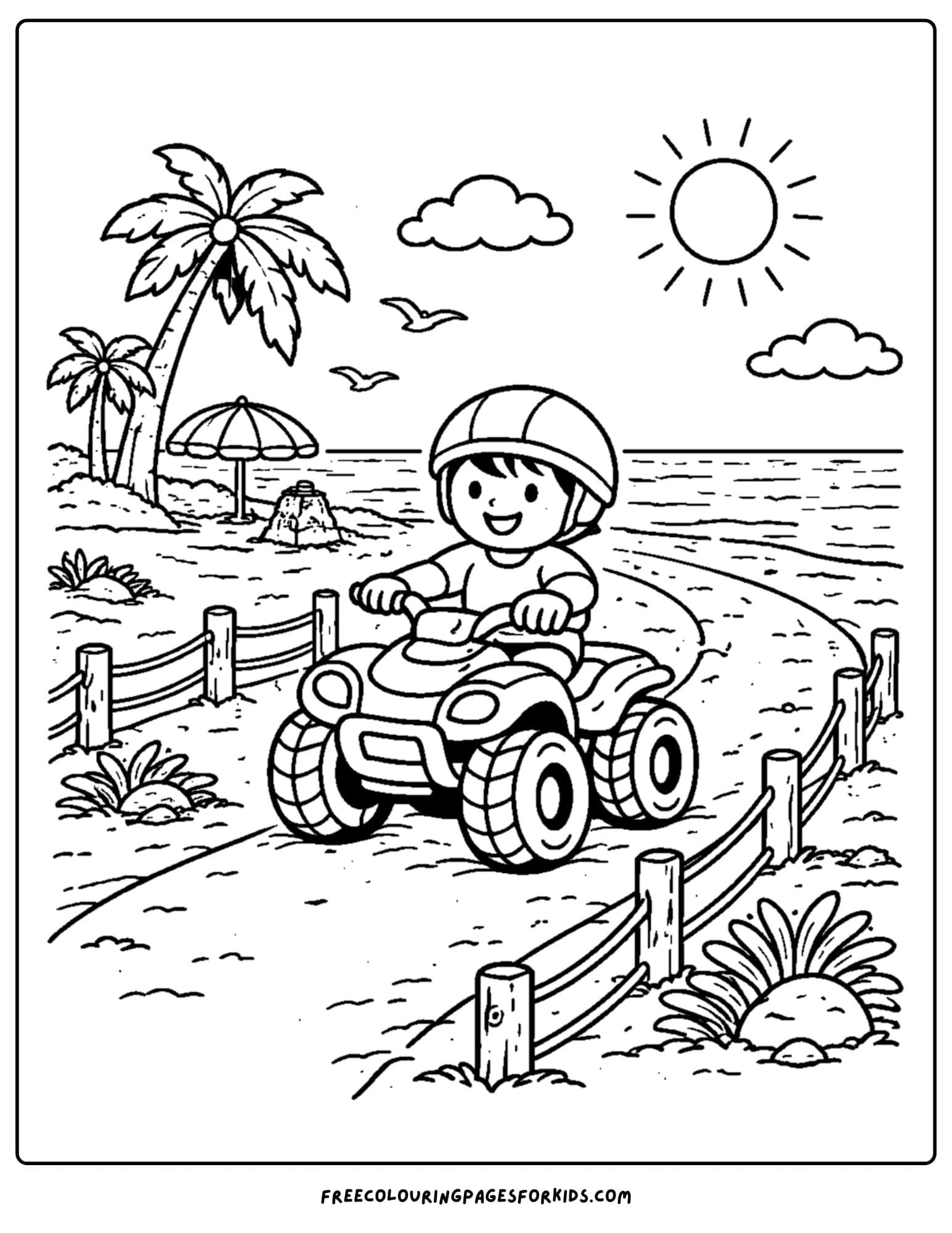 an atv coloring page showing a child riding along a beach path
