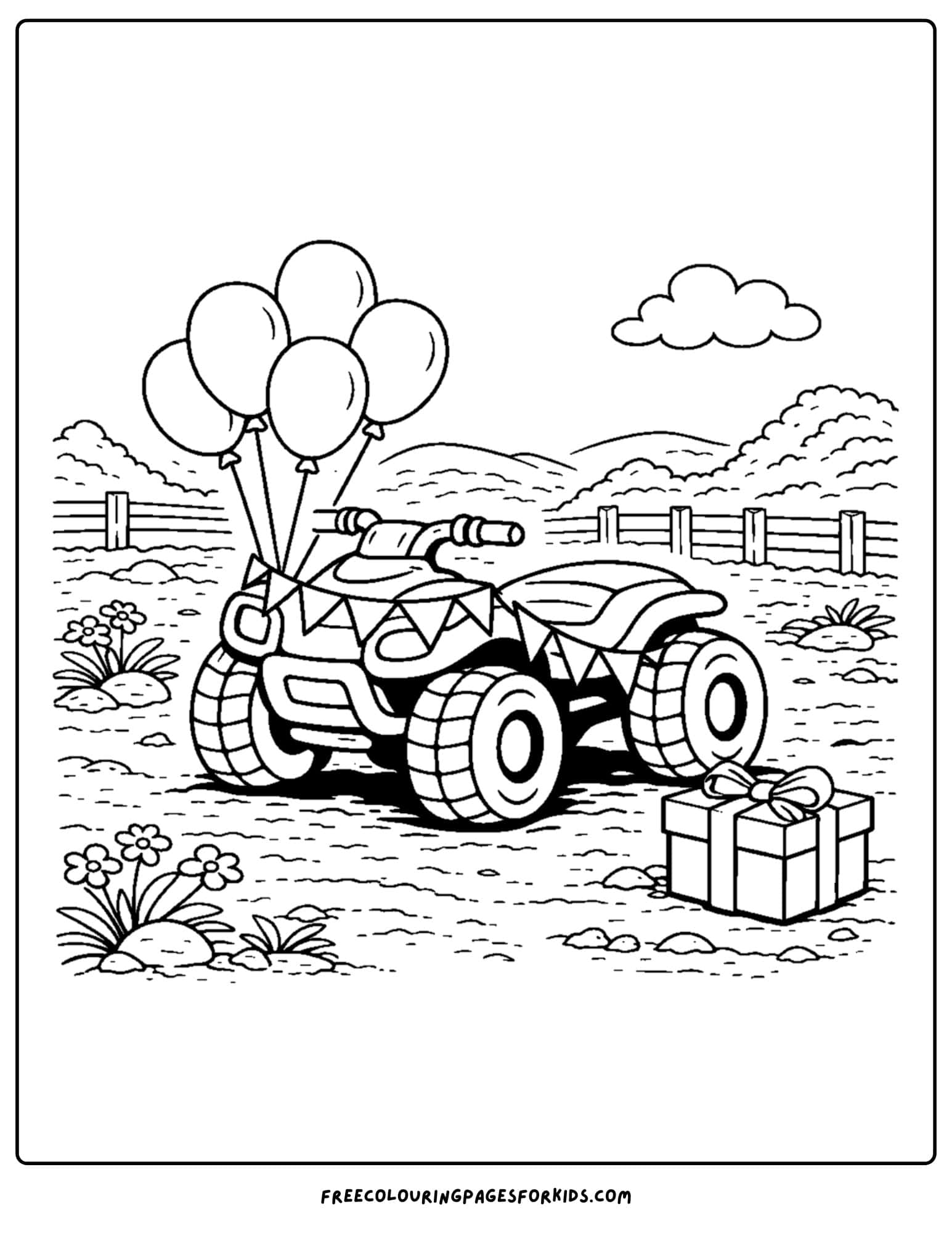 an atv coloring page showing an atv decorated as a surprise birthday gift