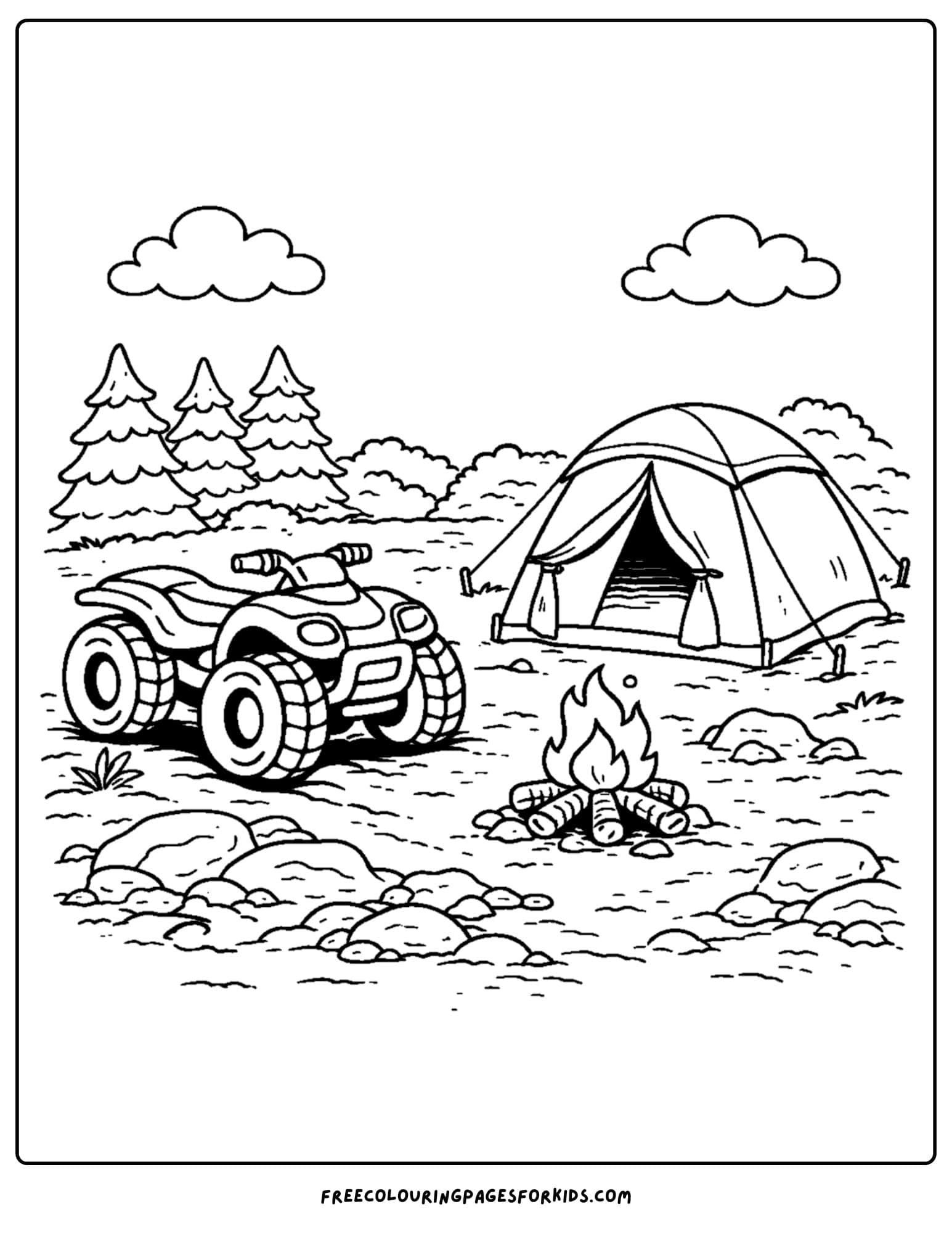 an atv coloring page showing a atv parked at a campsite with a tent and fire
