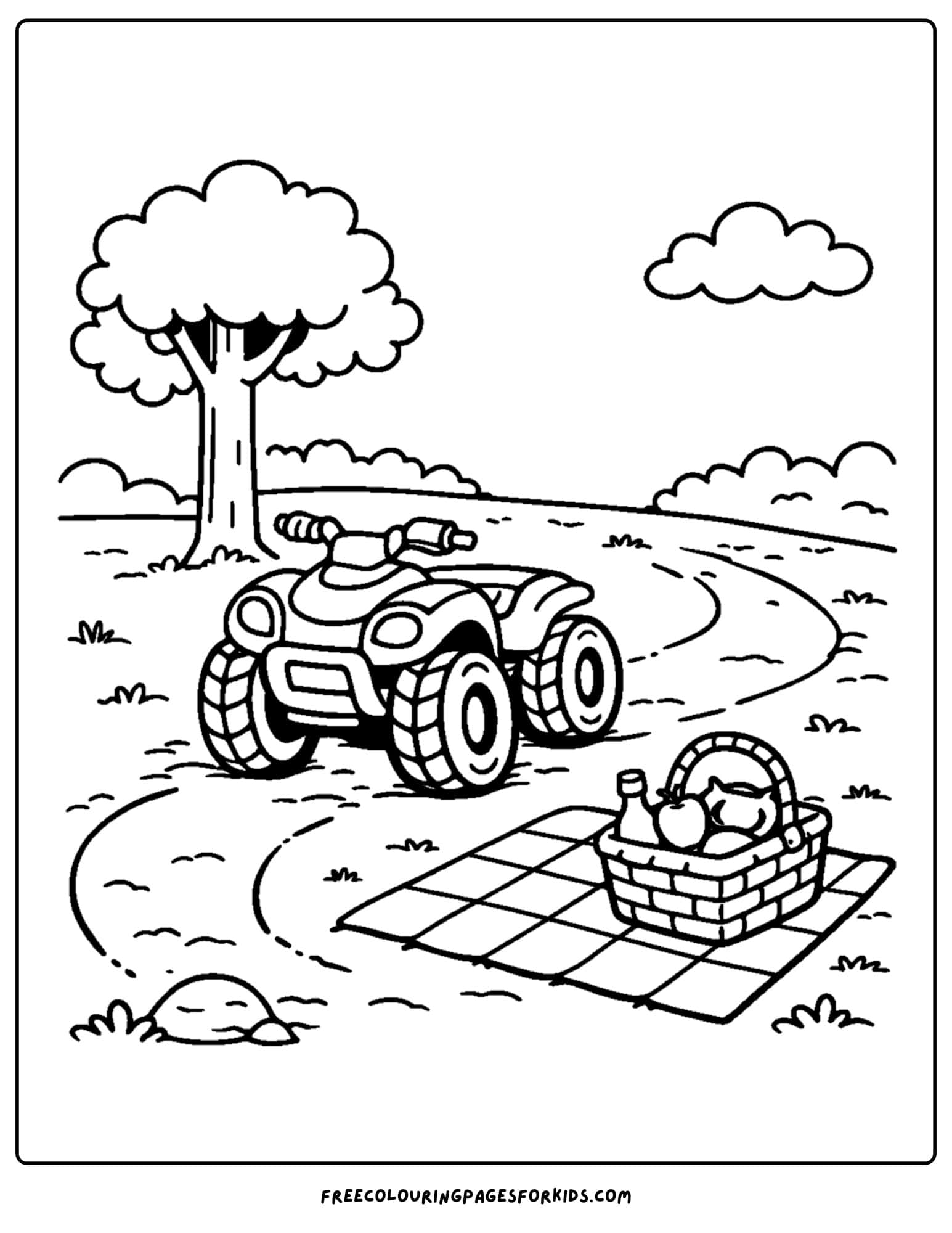 an atv coloring page showing an atv parked up at a picnic stop