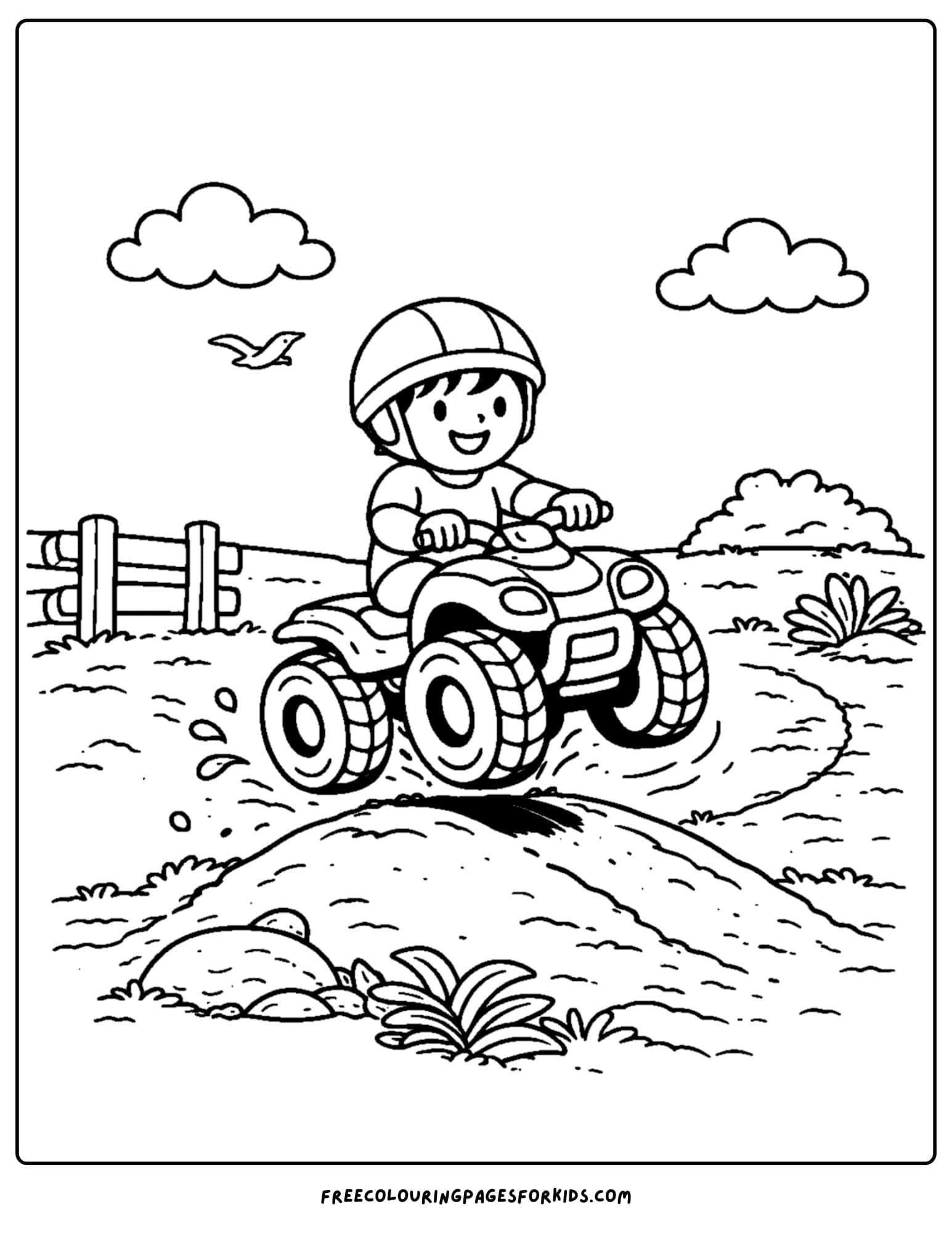 an atv coloring page showing a child going over a dirt jump and getting air time