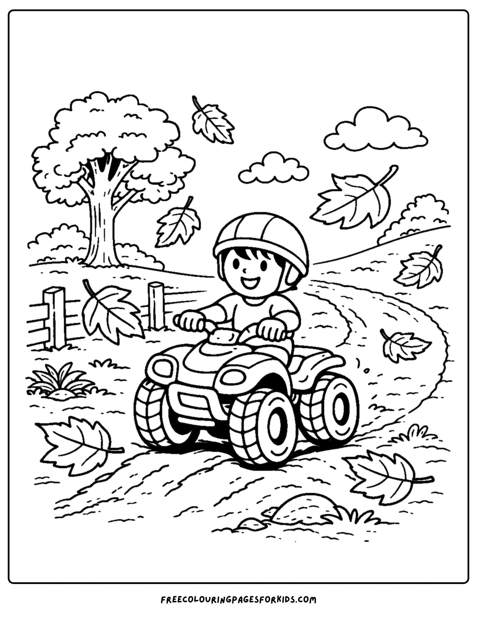 an atv coloring page showing a child riding along a path with leaves falling