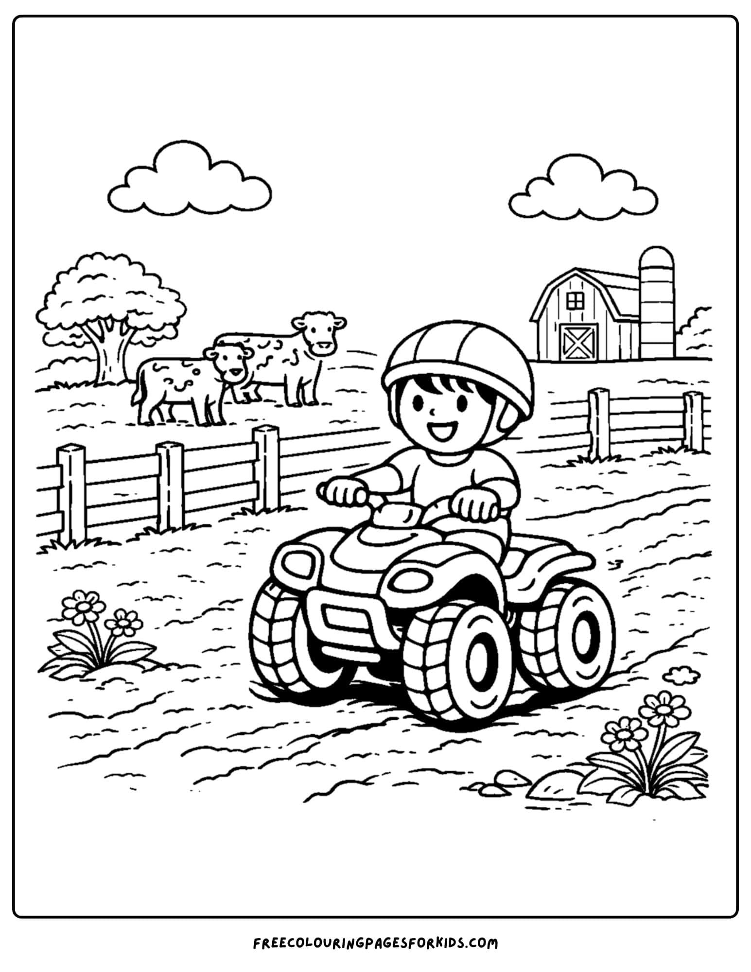 an atv coloring page showing a child riding along the fence on the farm