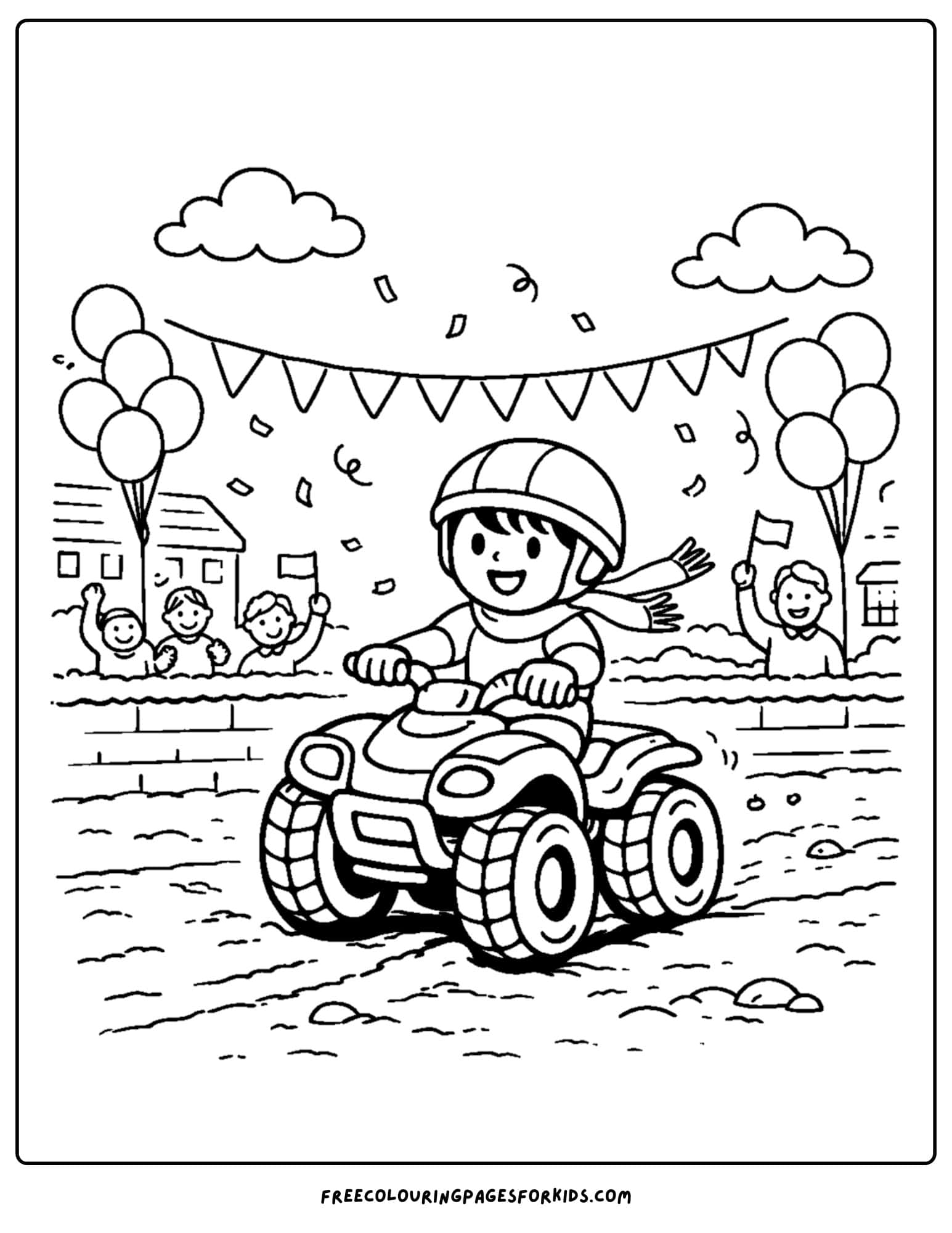 an atv coloring page showing a child riding in a parade