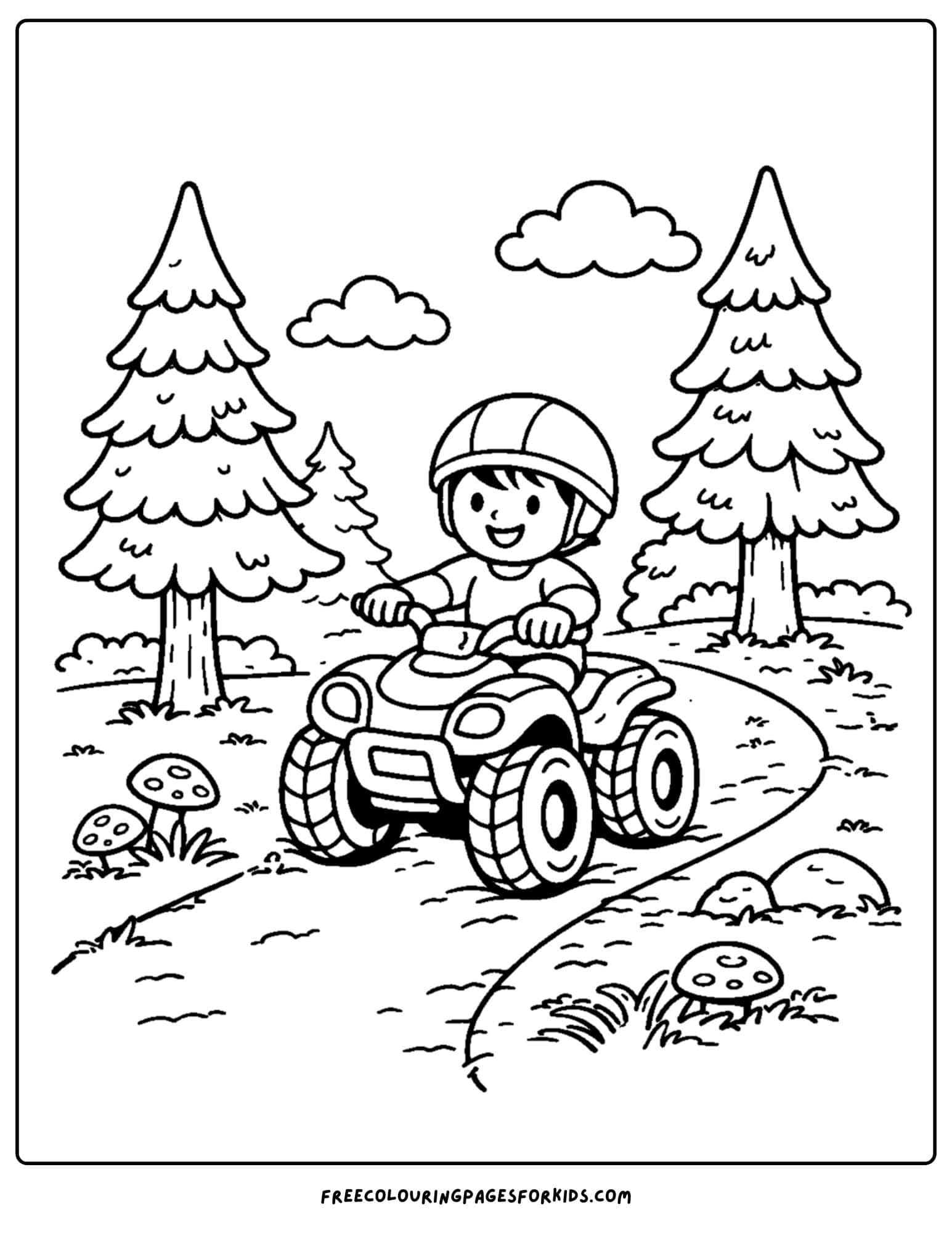 an atv coloring page showing a child riding along a forest trail