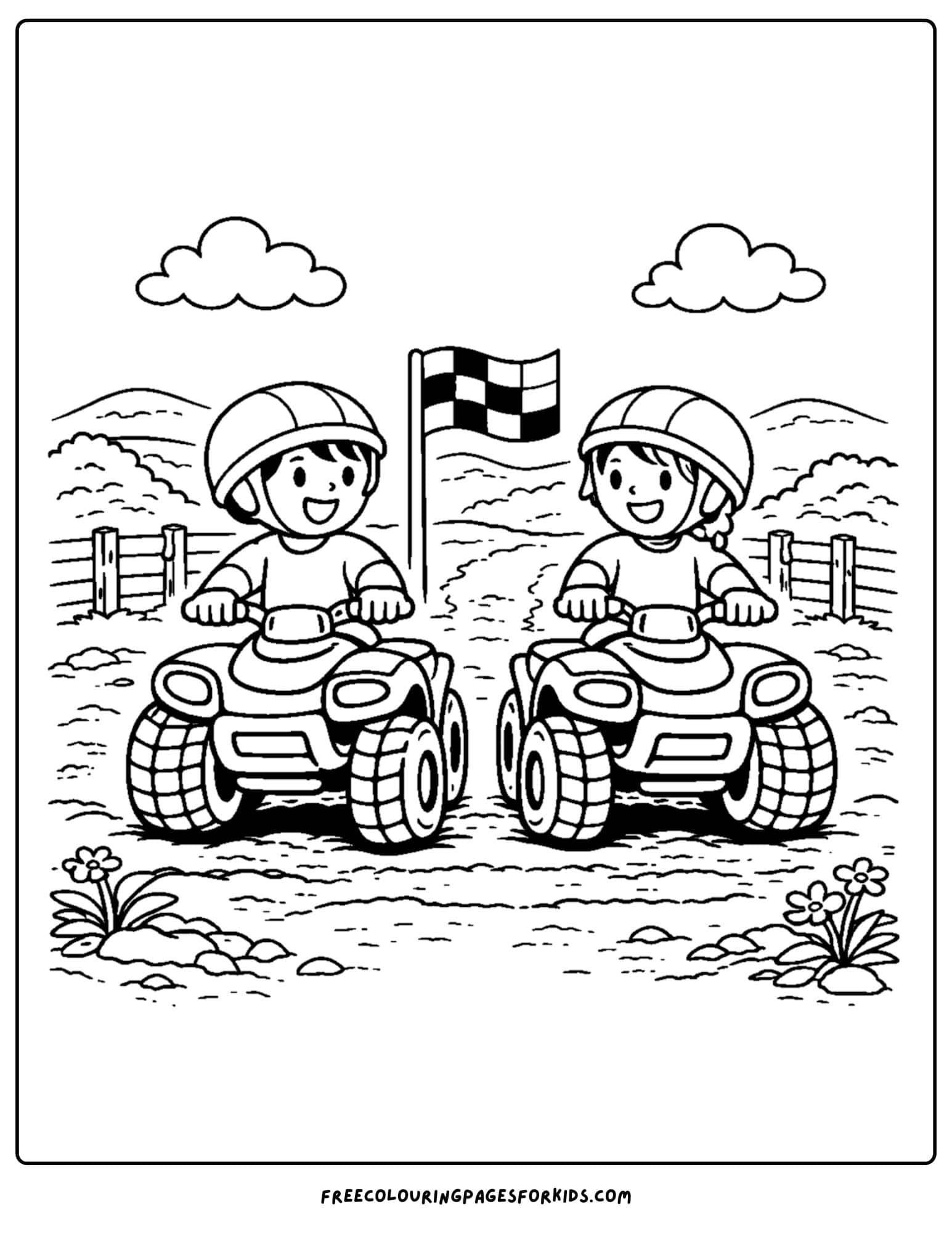 an atv coloring page showing a child about to have a friendly race with a friend