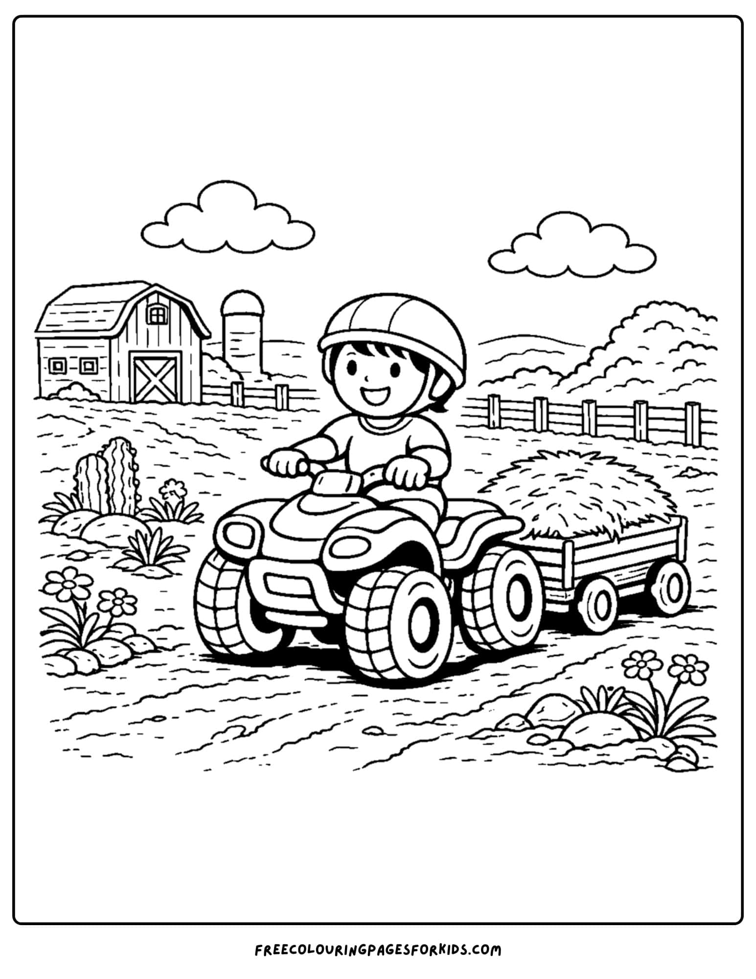 an atv coloring page showing a child riding along with a wagon of hay in the back on the farm
