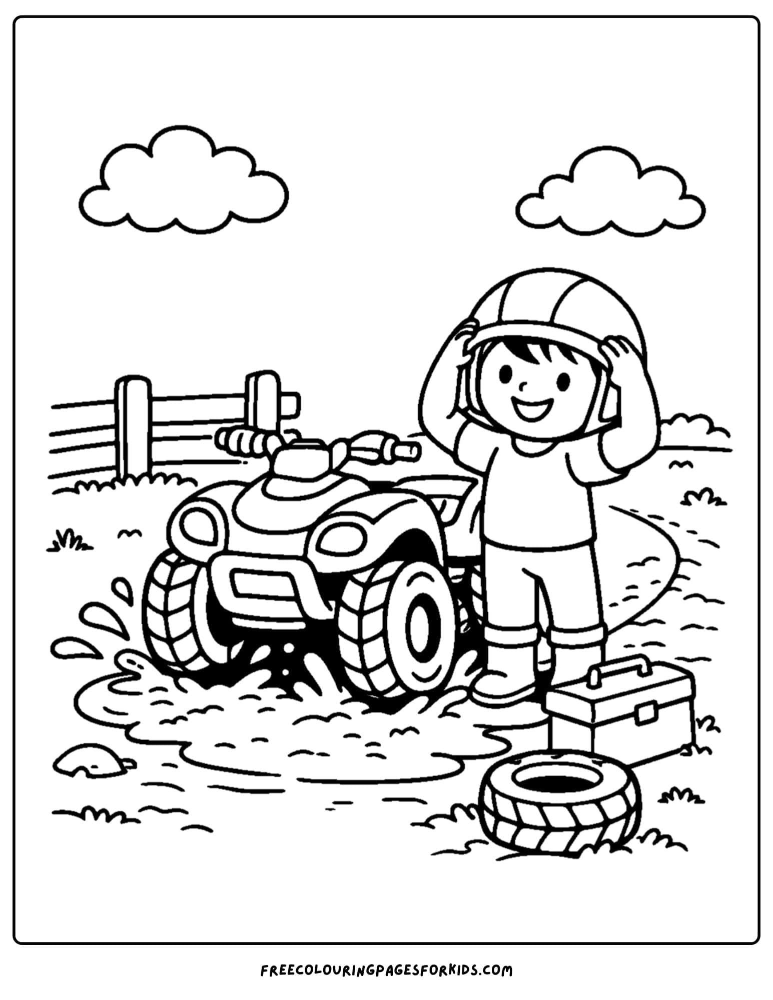 an atv coloring page showing a child stopped to fix a tire that fell of the atv