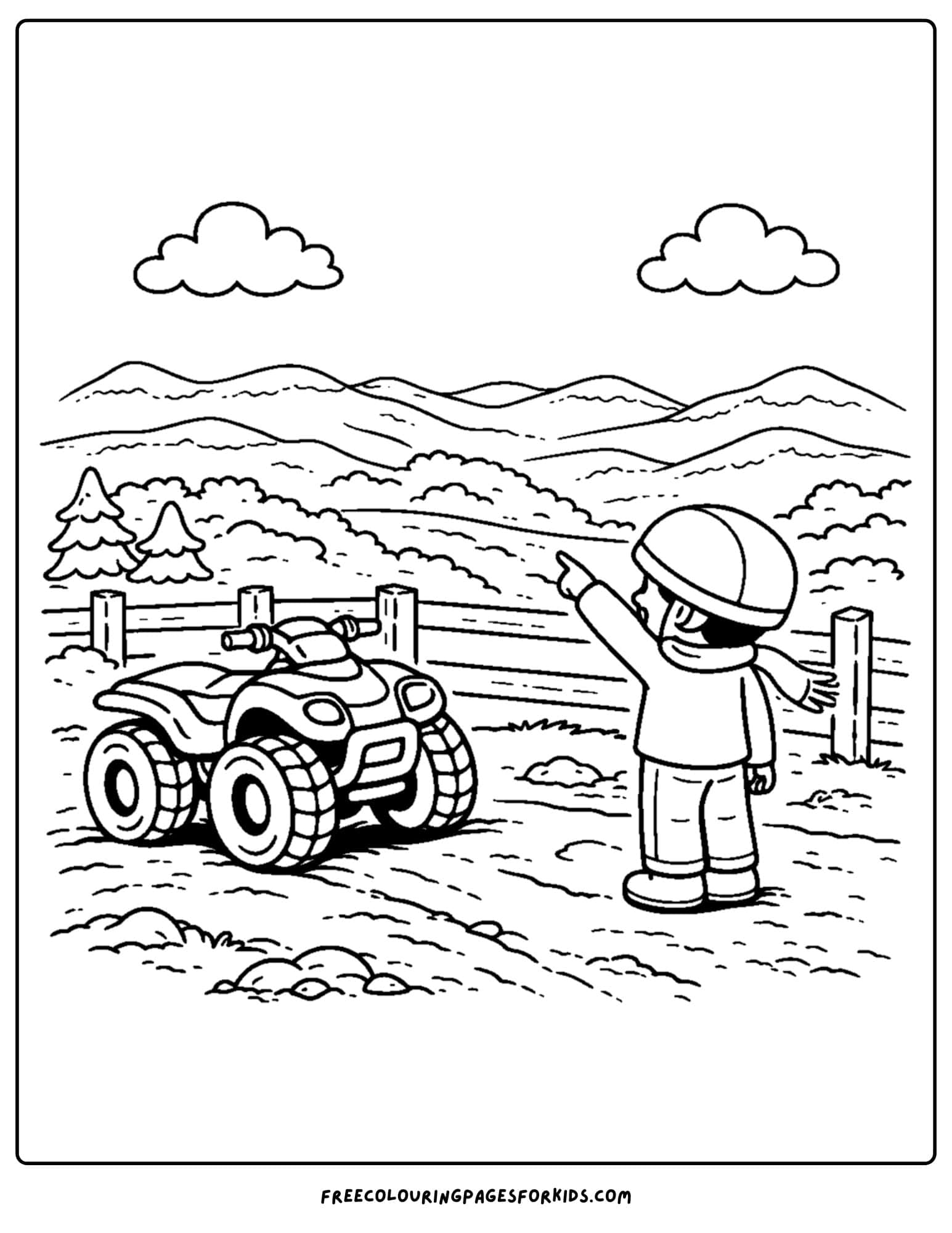 an atv coloring page showing a child parked at a lookout spot enjoying the view