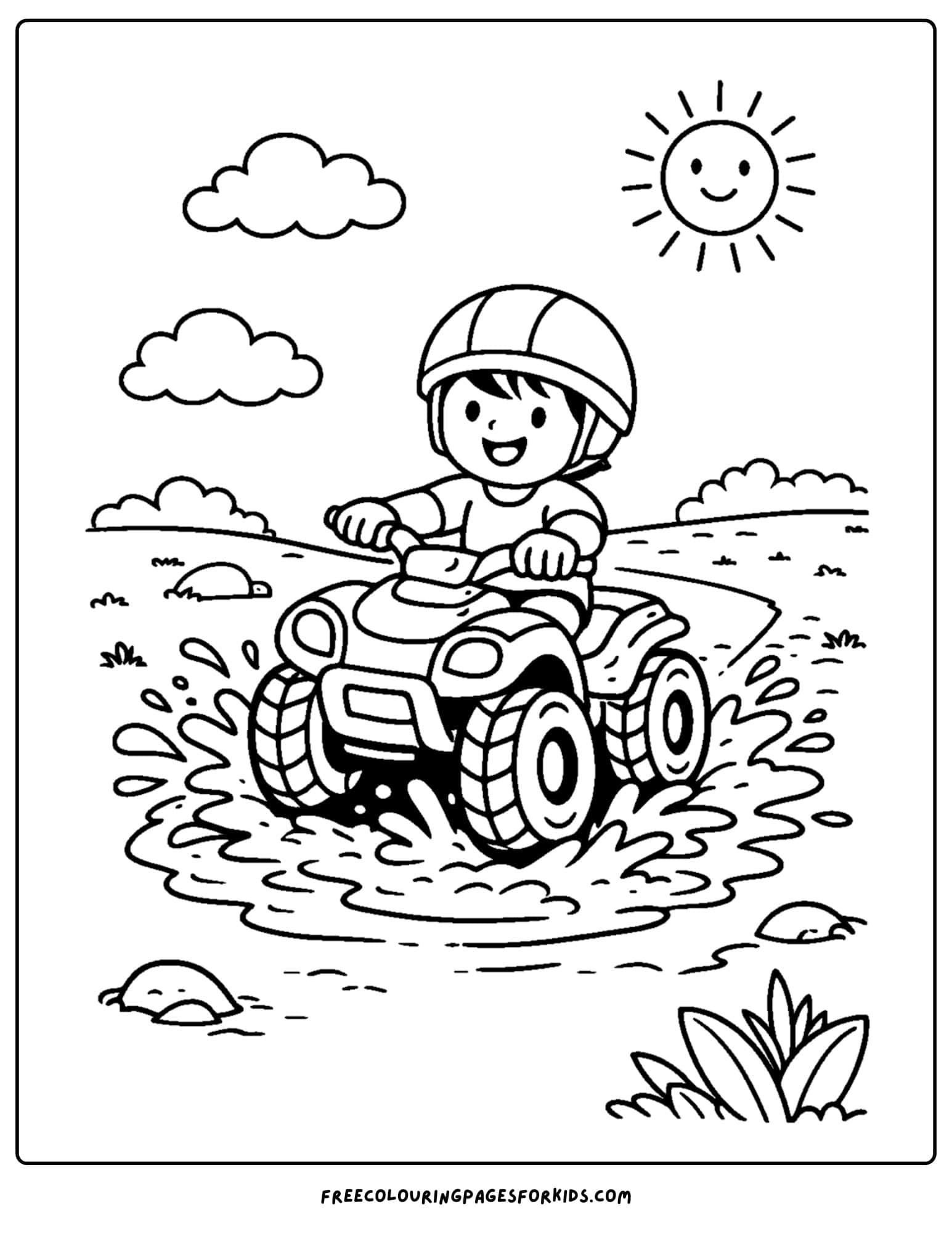 an atv coloring page showing a child splashing in mud puddles having fun