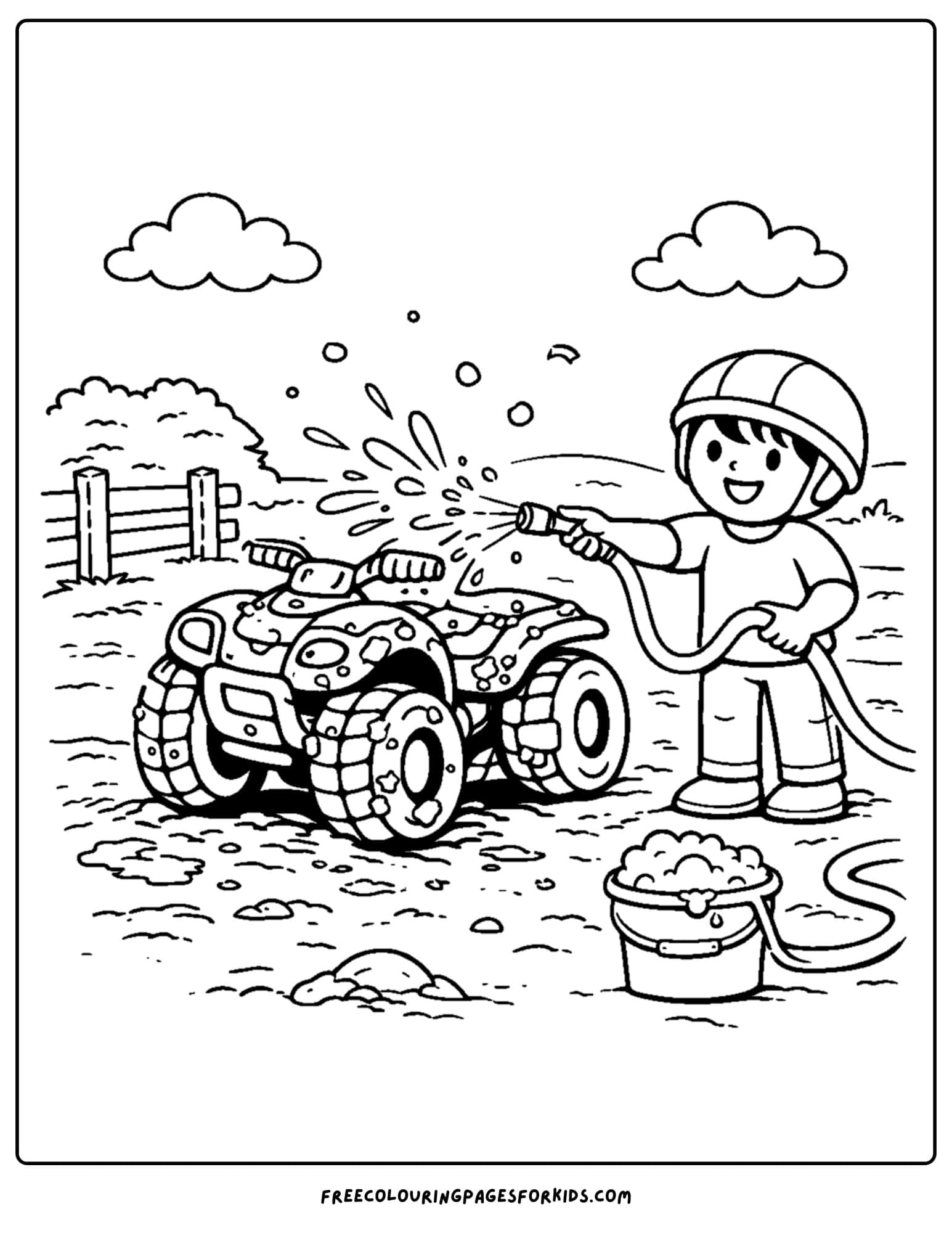 an atv coloring page showing a child washing mud and dirt off the atv