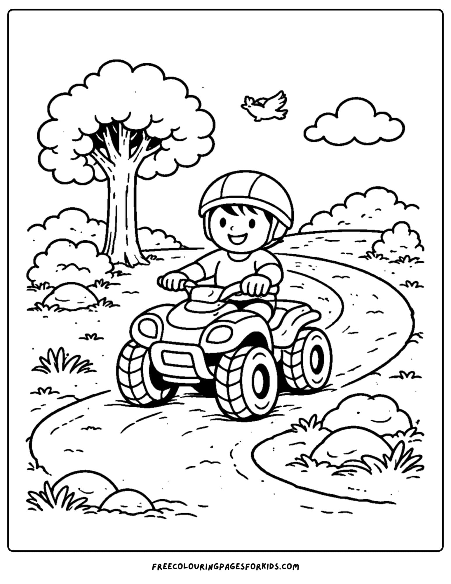 an atv coloring page showing a child riding along a turn in the path
