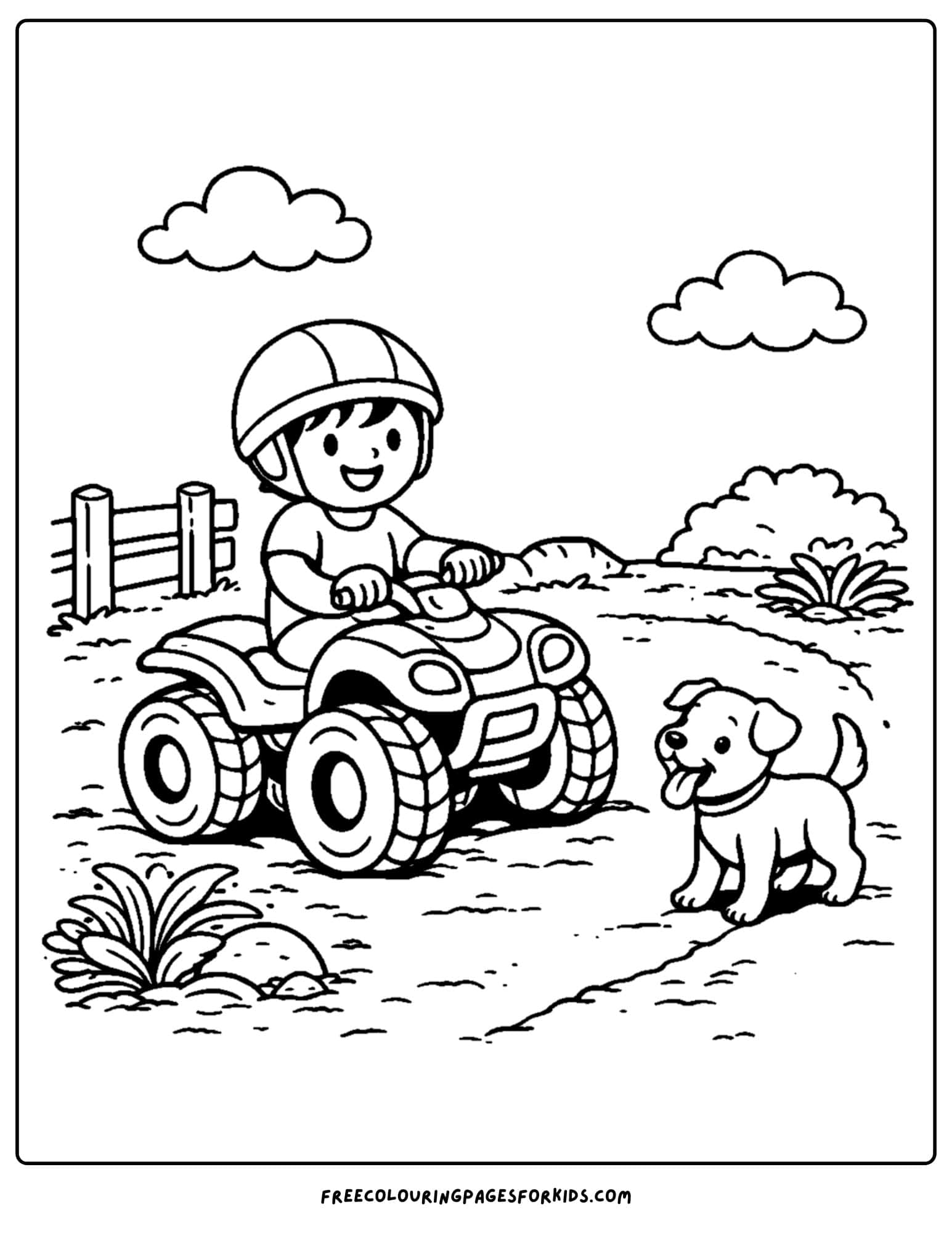 an atv coloring page showing a child sitting on the atv while a dog stands in front of it