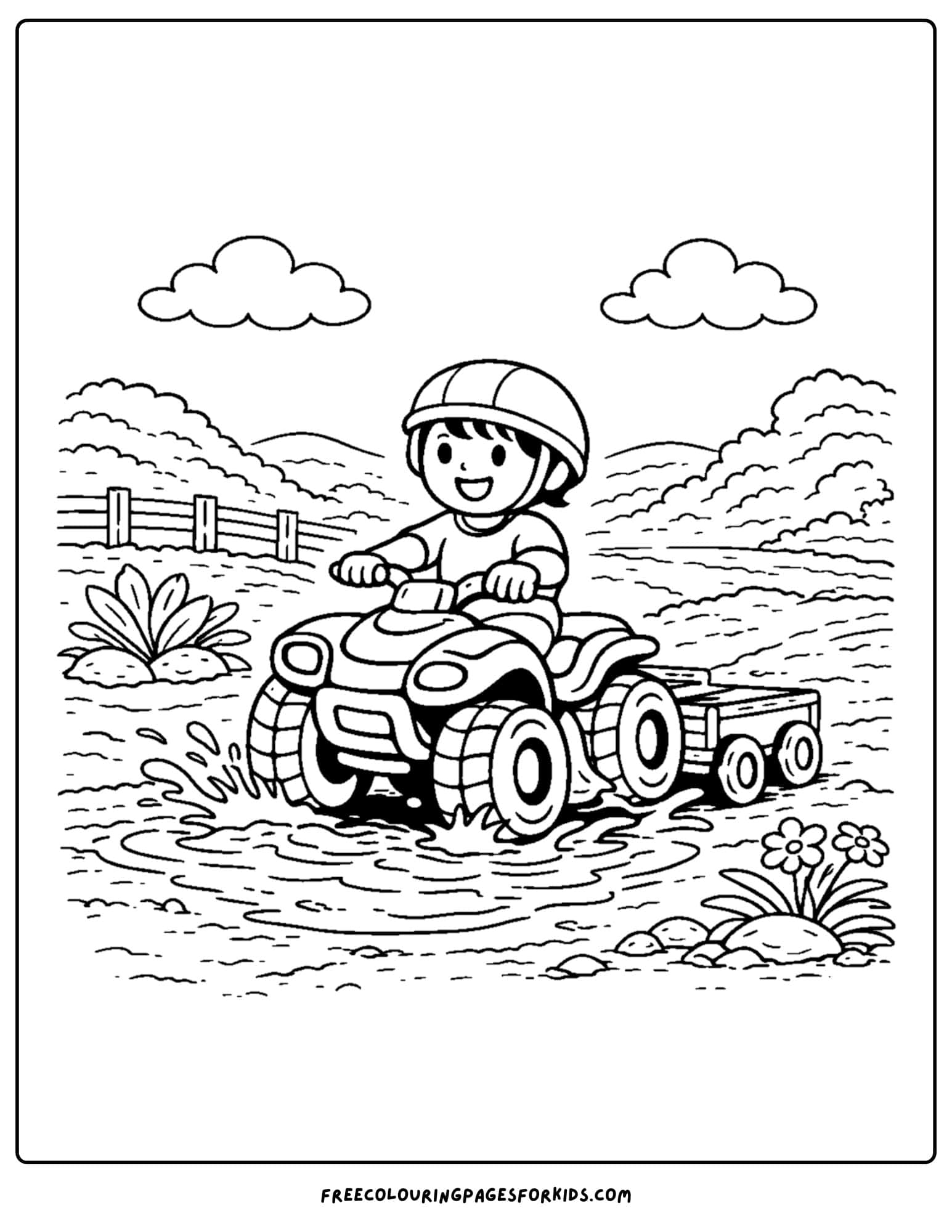 an atv coloring page showing a child riding in muddle puddles with a trailer on the back