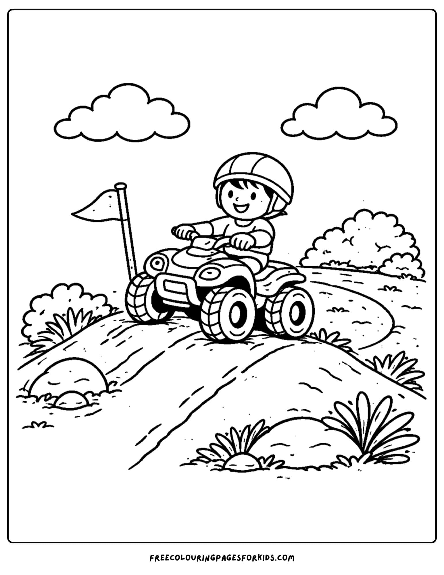 an atv coloring page showing a child riding up over a hill