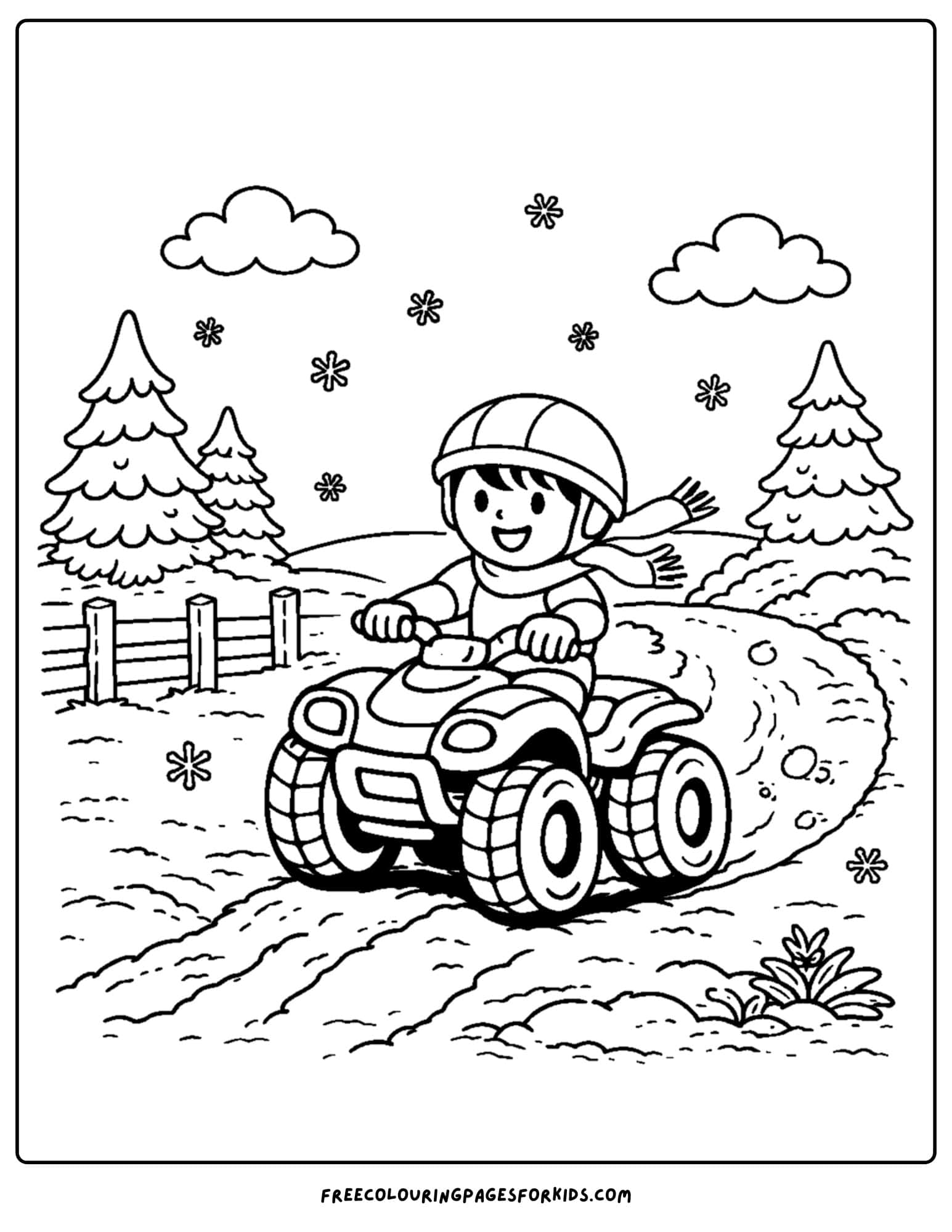 an atv coloring page showing a child riding along a snowy path with snow falling