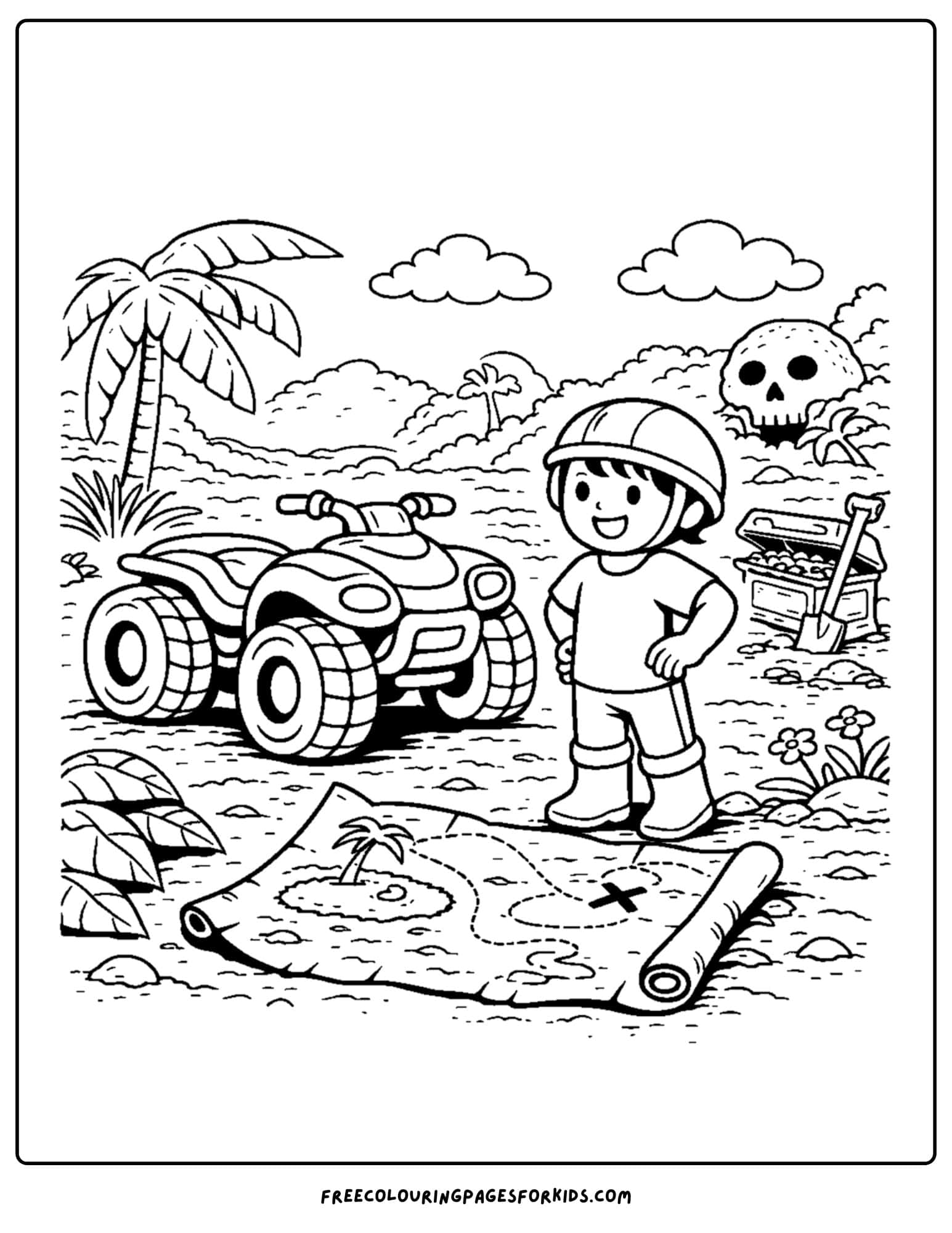 an atv coloring page showing a child looking at a treasure map on the ground with the atv and scenery in the background