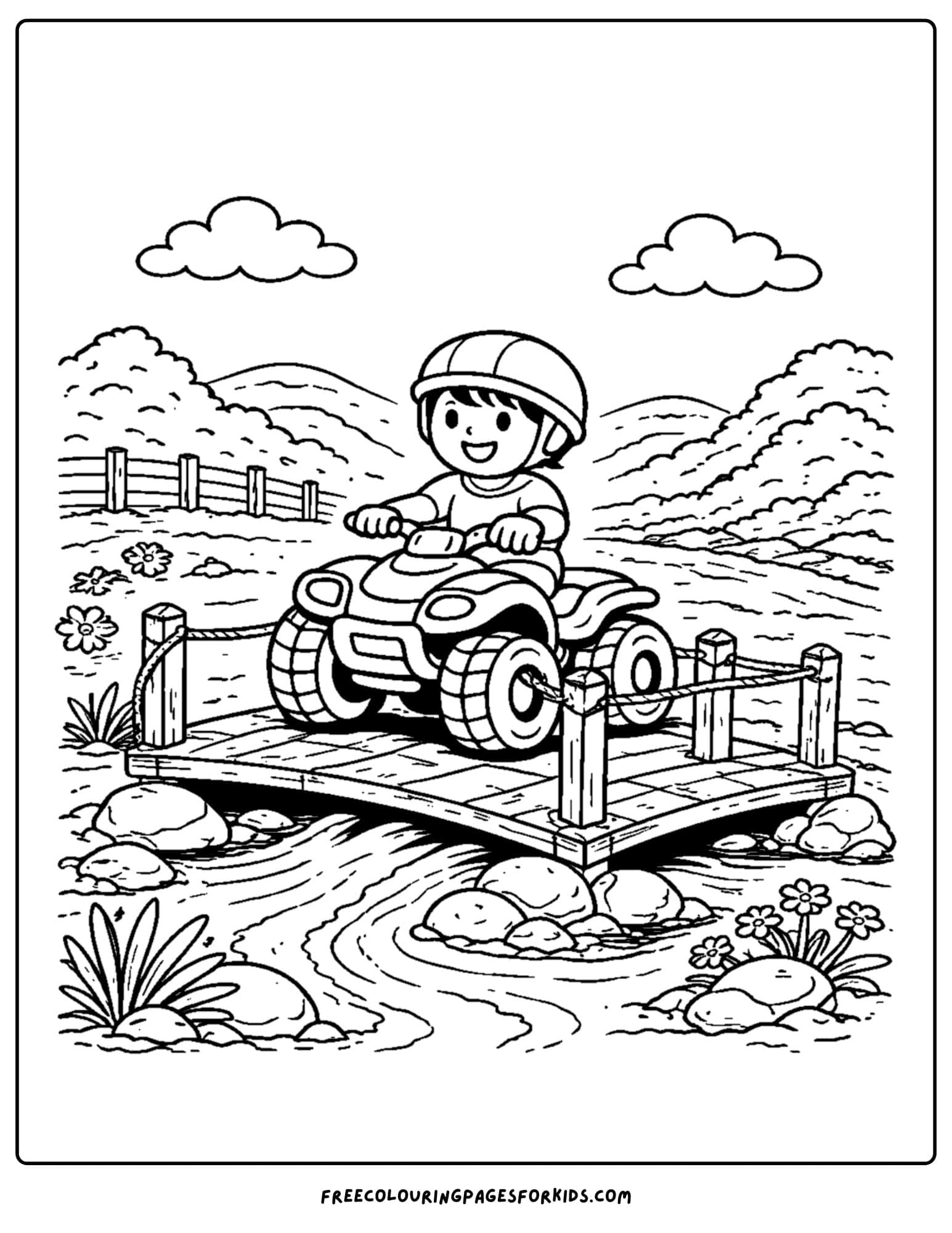 an atv coloring page showing a child stopping on a bridge to look at the view