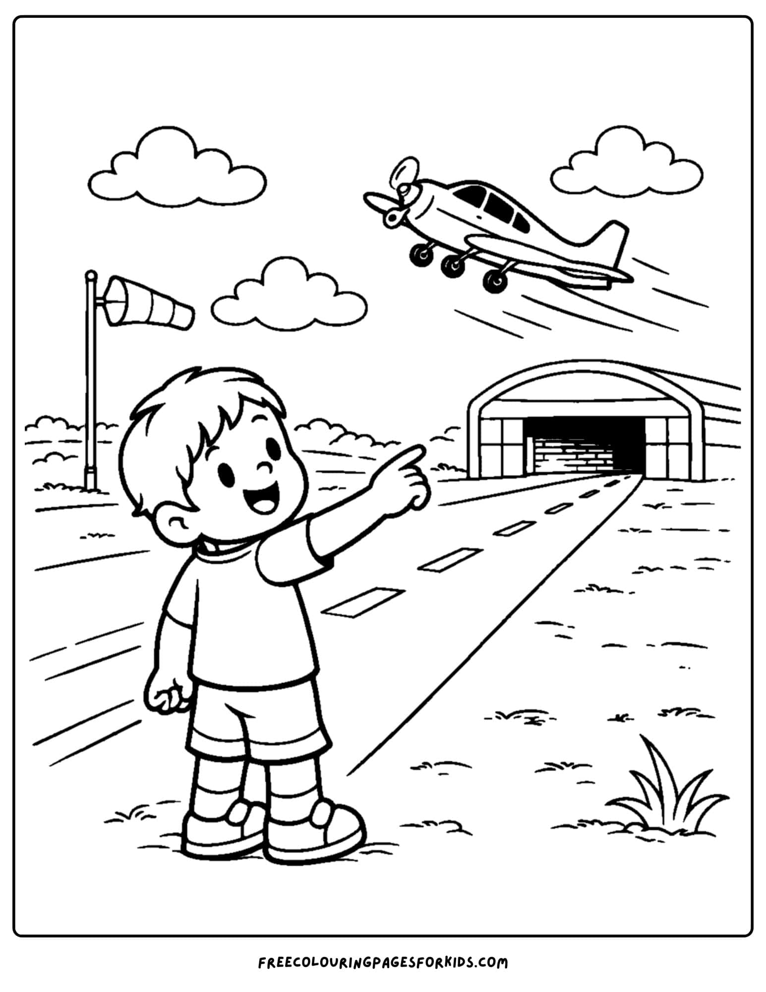 a coloring page for boys featuring a boy looking at a plane taking off from a runway