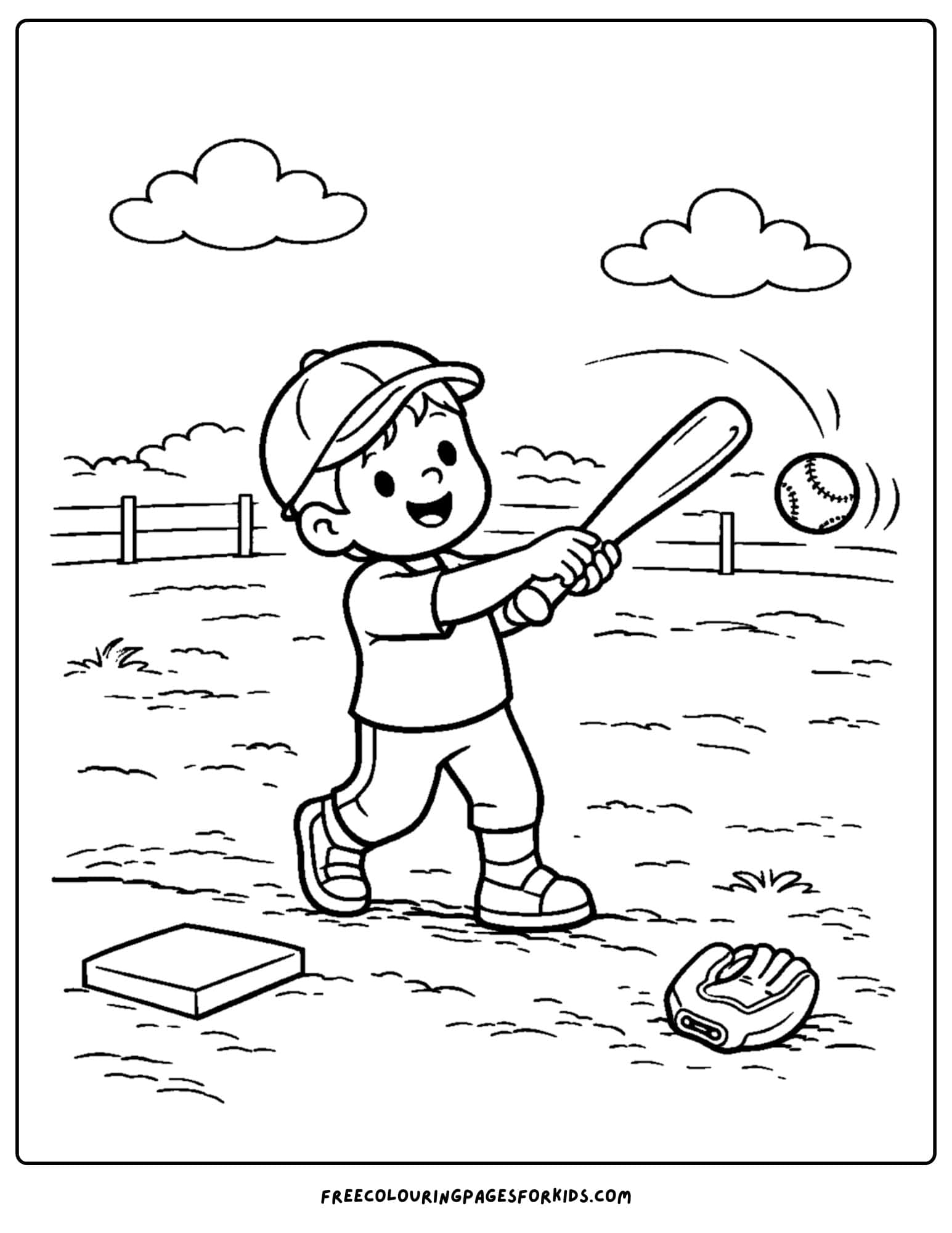 a coloring page for boys featuring a boy playing baseball in the backyard