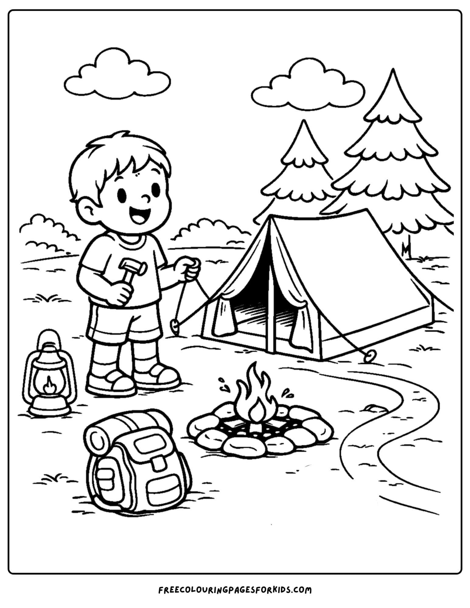 a coloring page for boys featuring a camping adventure with tent and fire