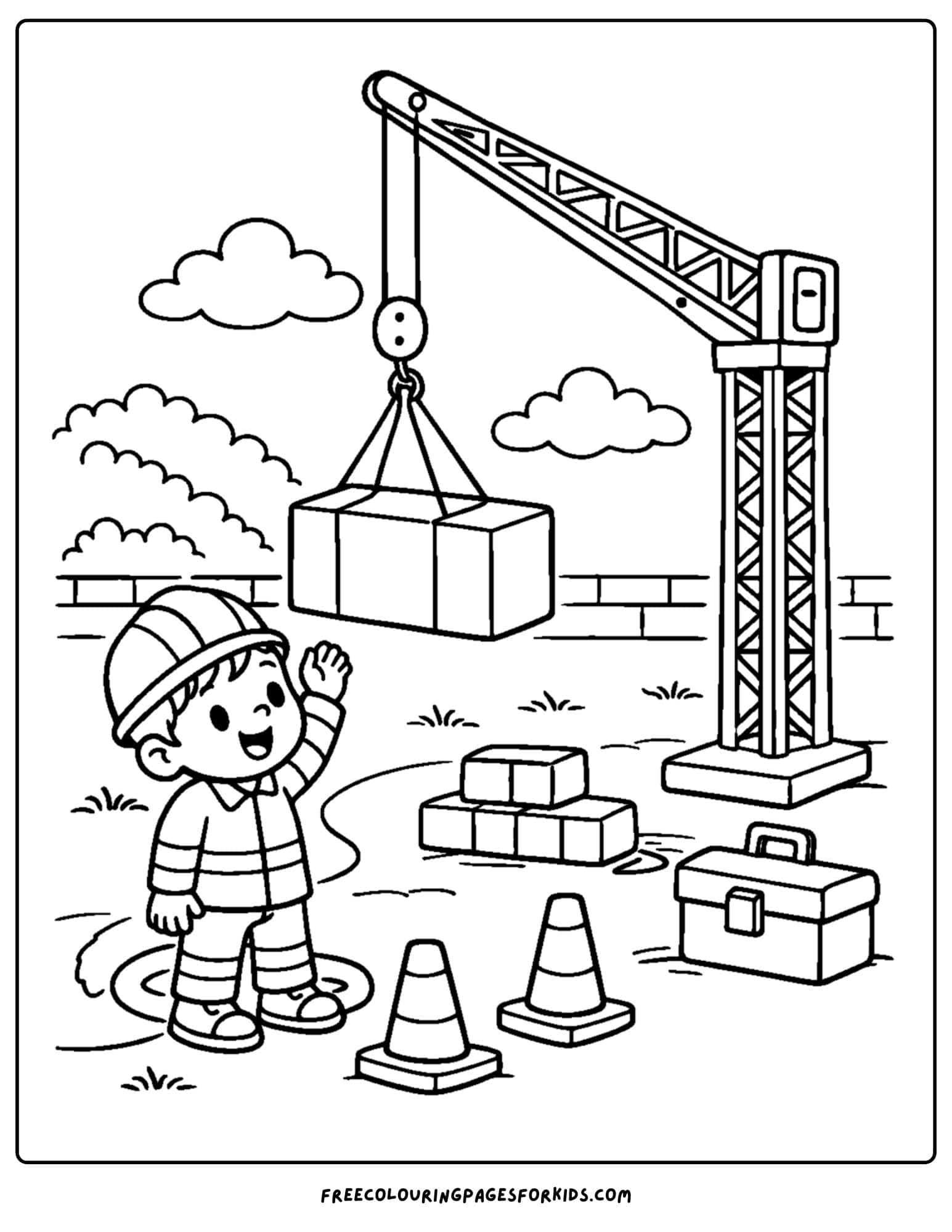a coloring page for boys featuring a crane and a boy directing lifting blocks
