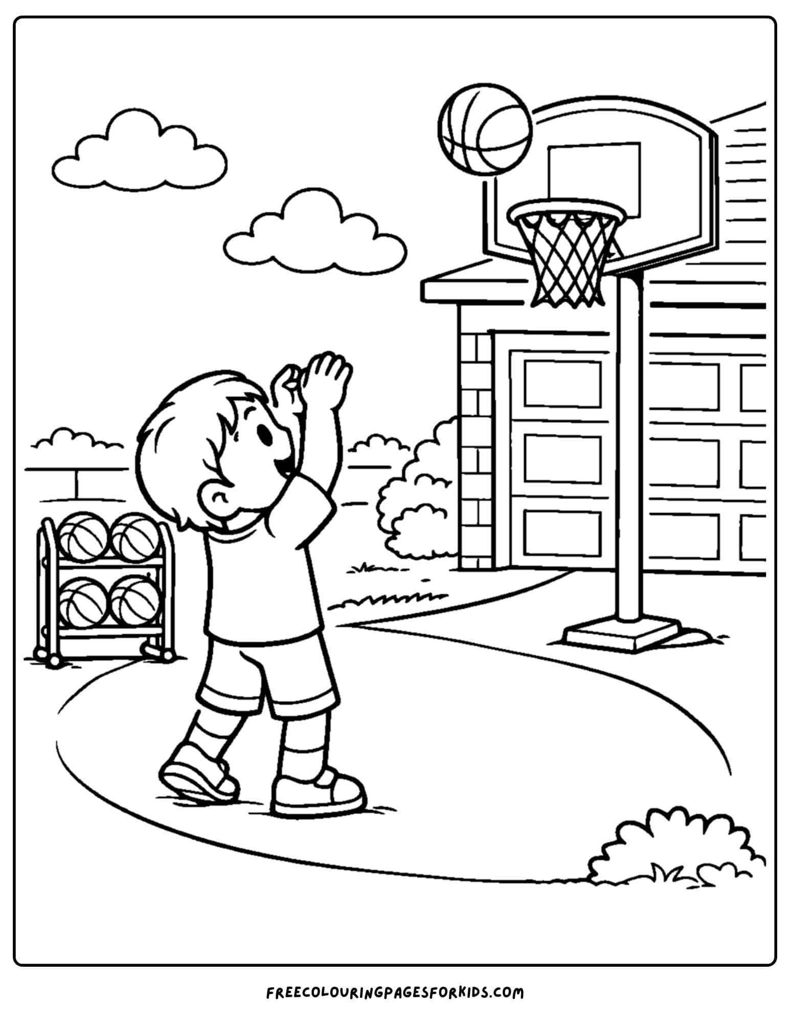a coloring page for boys featuring a boy playing basketball in their driveway