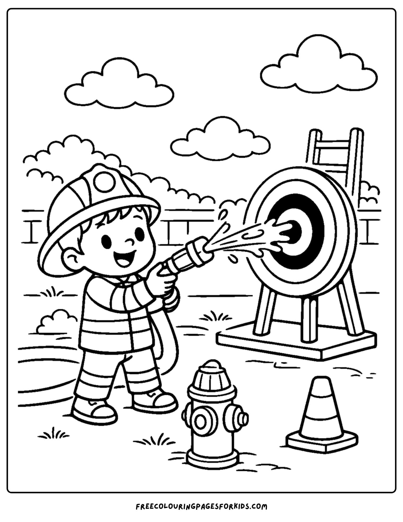 a coloring page for boys featuring a firefighter hose target practice