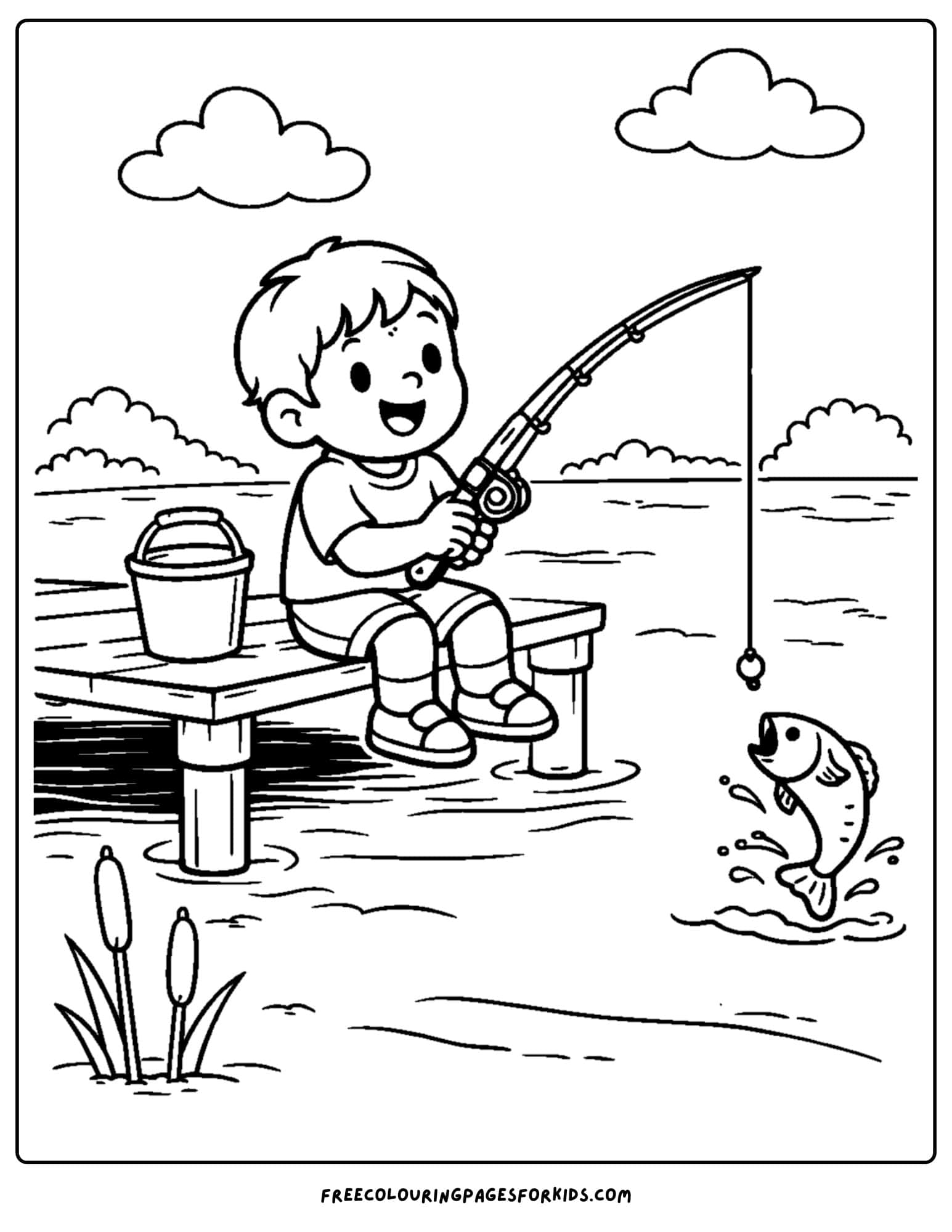 a coloring page for boys featuring a boy fishing off a dock