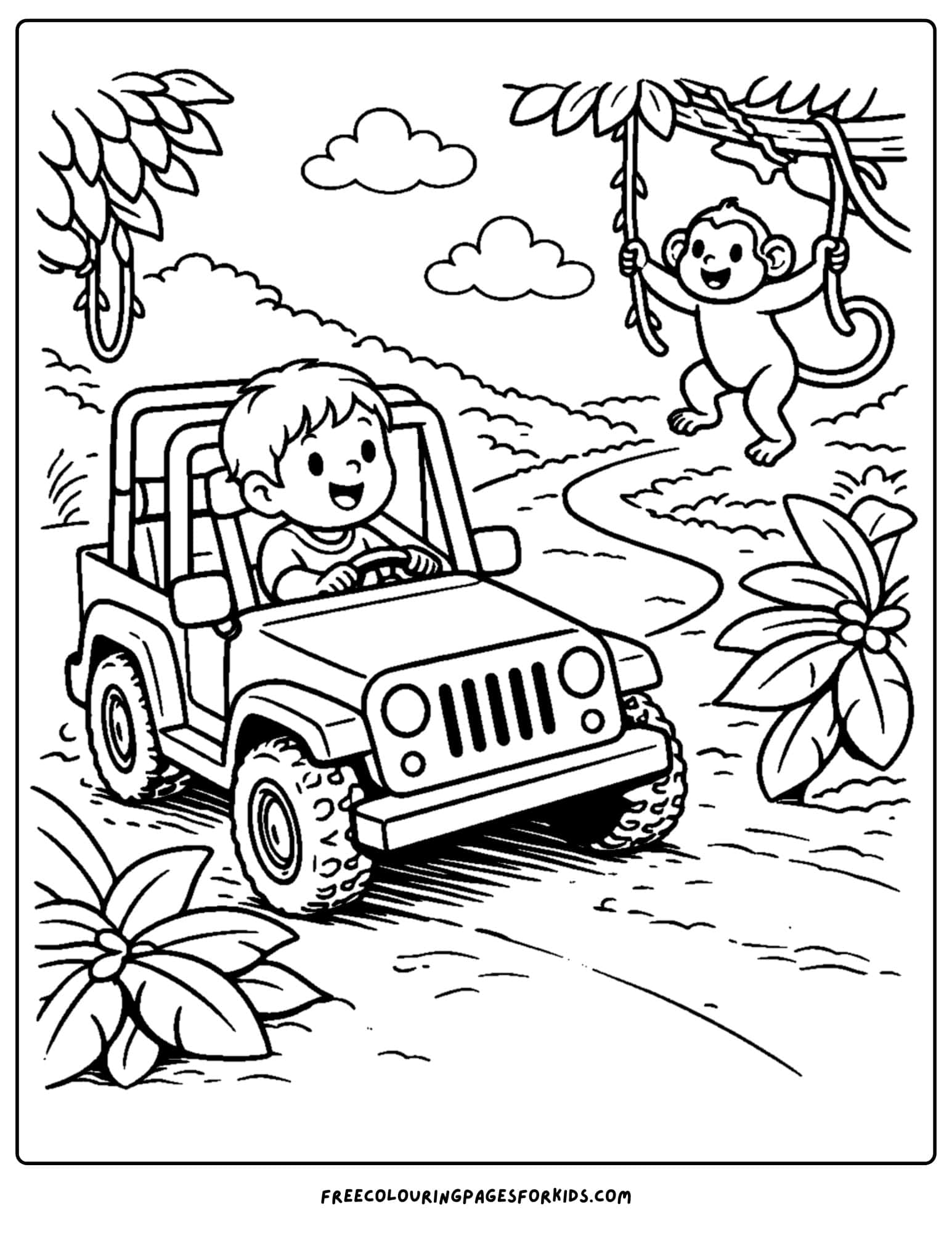 a coloring page for boys featuring a jungle scene in a jeep with a monkey in the vines