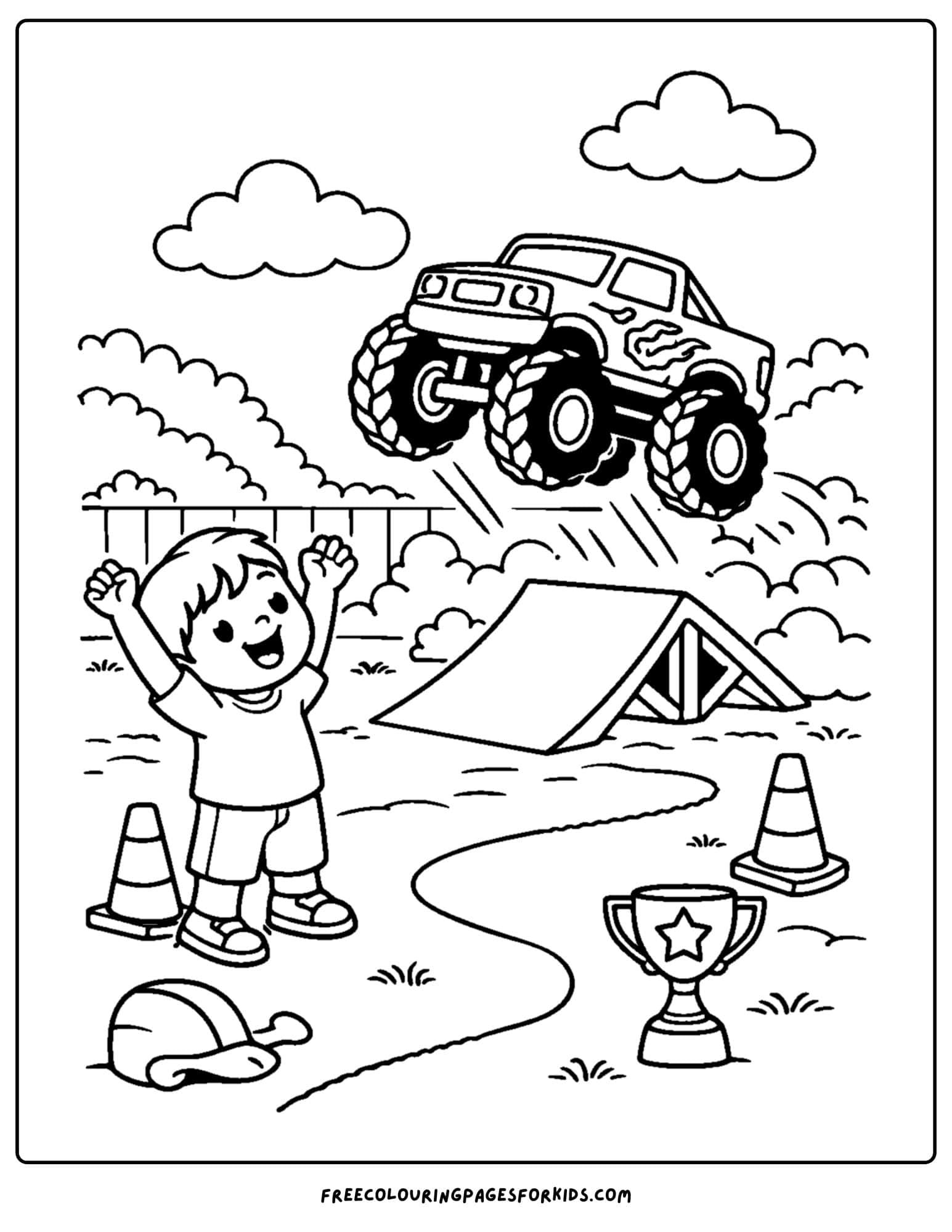 a coloring page for boys featuring a monster truck jumping high and a boy cheering