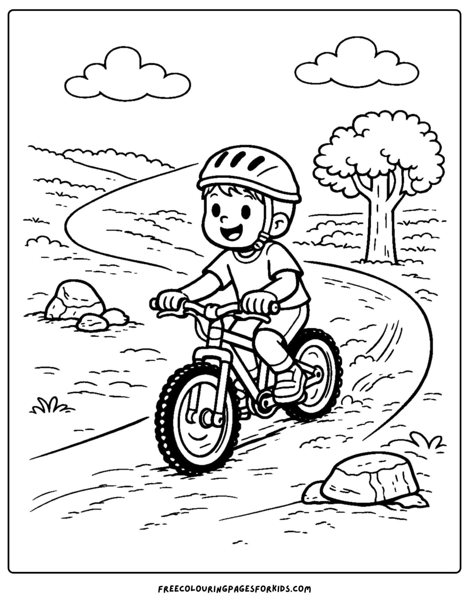 a coloring page for boys featuring a boy riding a bike along a path
