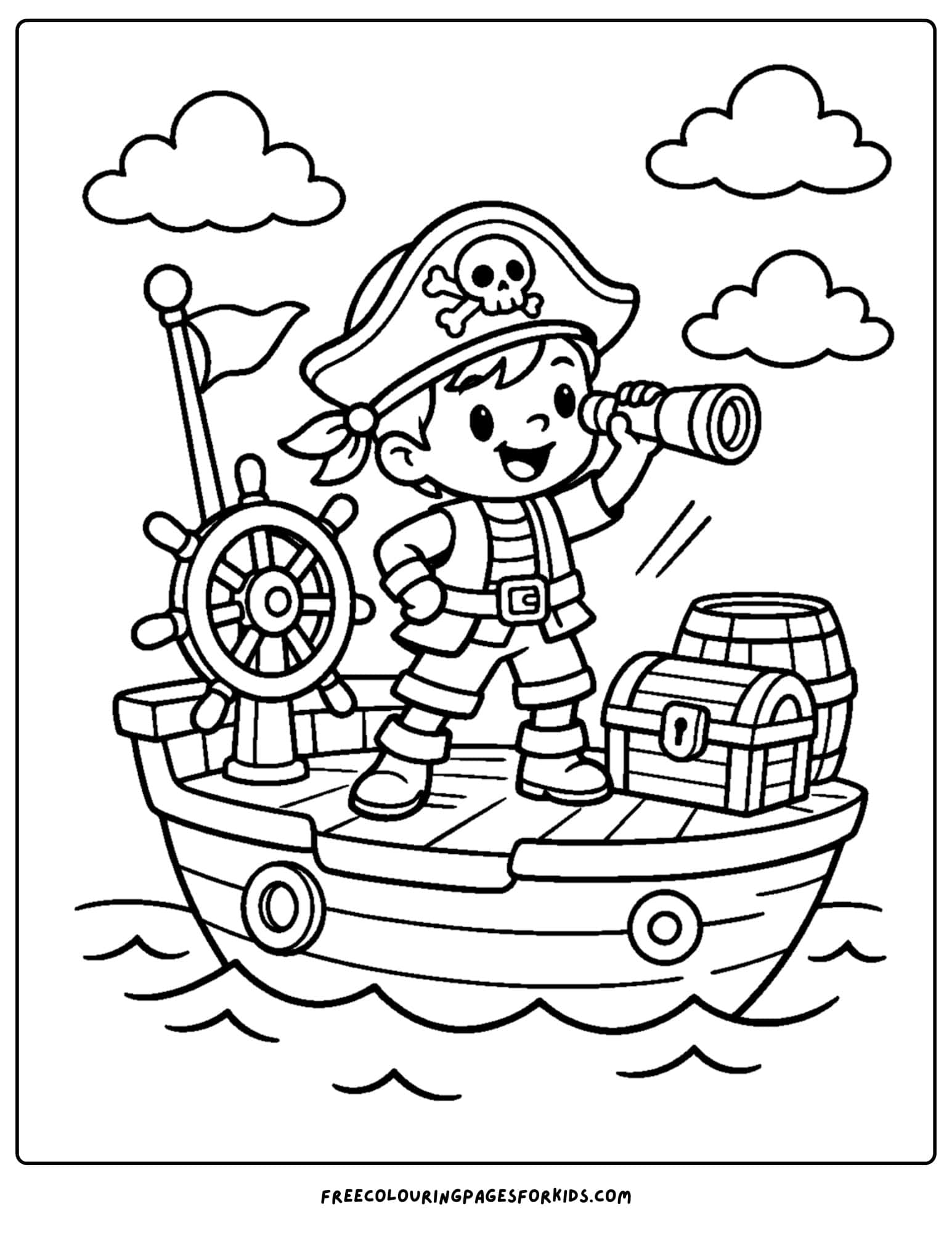 a coloring page for boys featuring a pirate ship captain on his boat