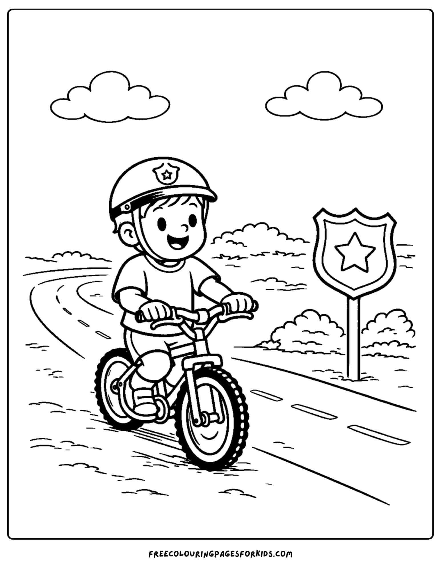a coloring page for boys featuring a boy dressed up as a policeman riding their bike on patrol