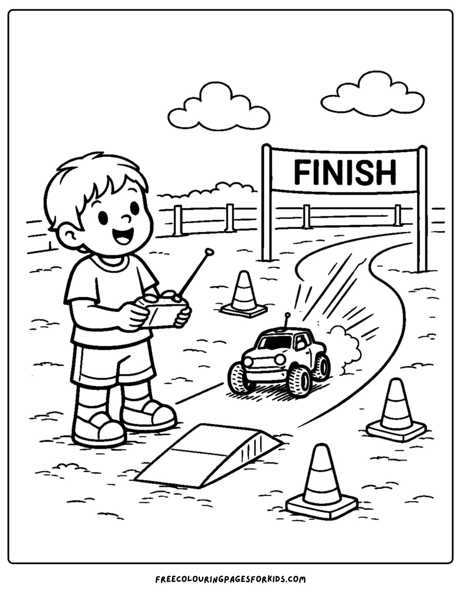 a coloring page for boys featuring a remote control car race on a track