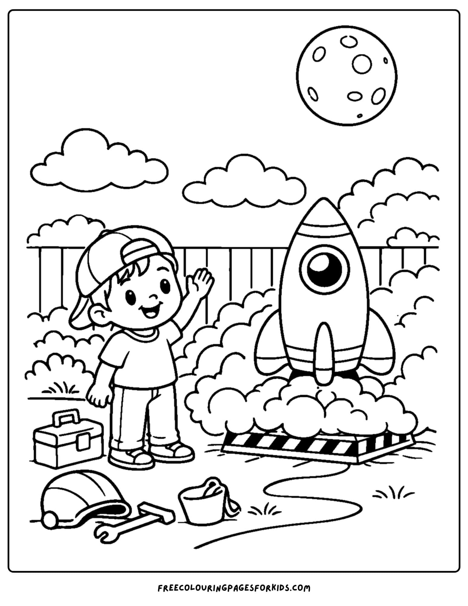 a coloring page for boys featuring a boy building a rocket in his backyard