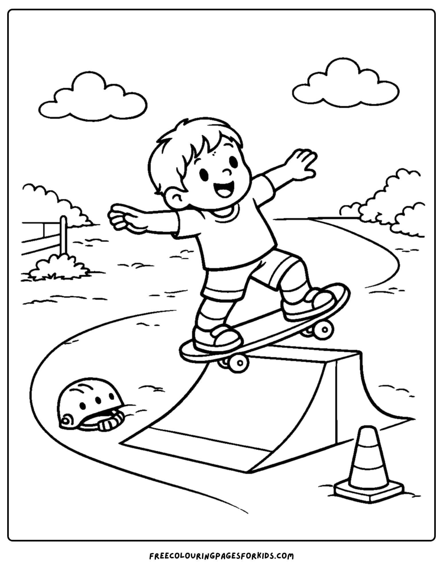 a coloring page for boys featuring a boy doing a skateboard trick on a ramp