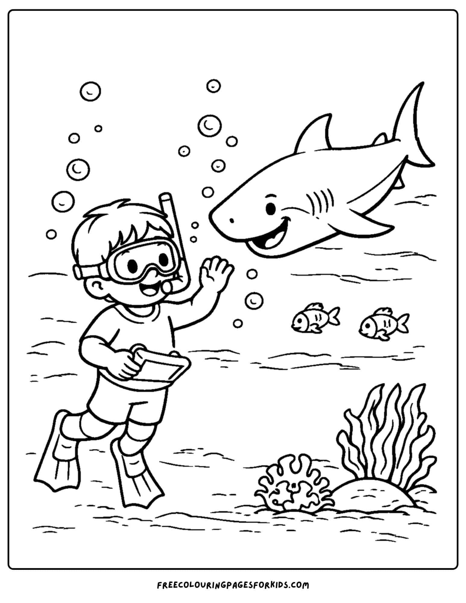 a coloring page for boys featuring a boy snorkeling underwater with a shark