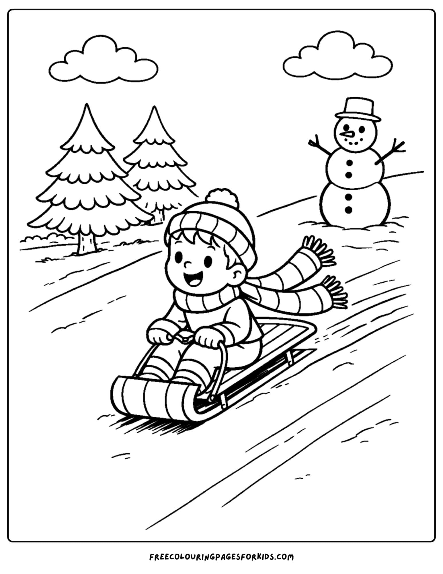 a coloring page for boys featuring a boy riding a sled down a hill on the snow