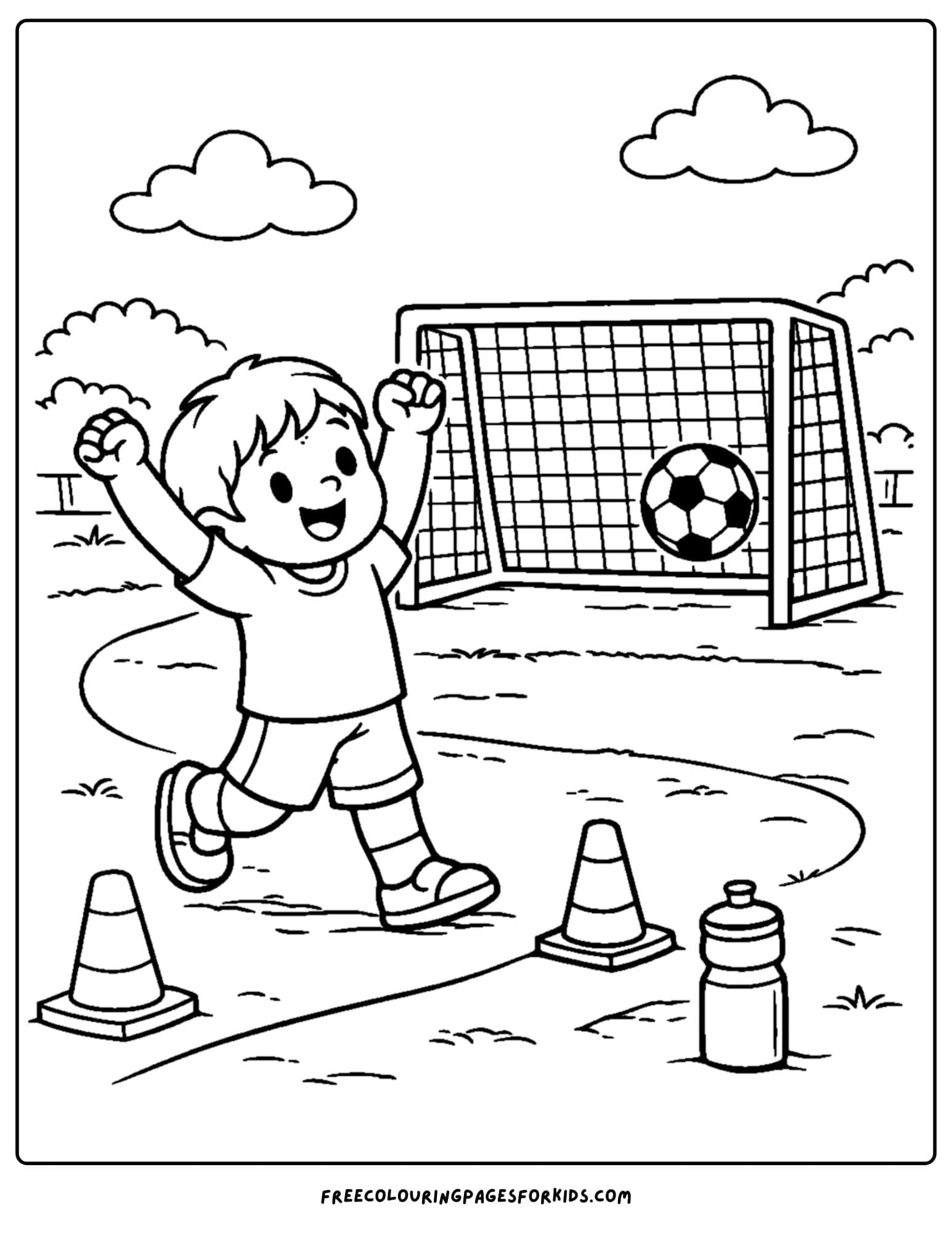 a coloring page for boys featuring a boy celebrating scoring a soccer goal