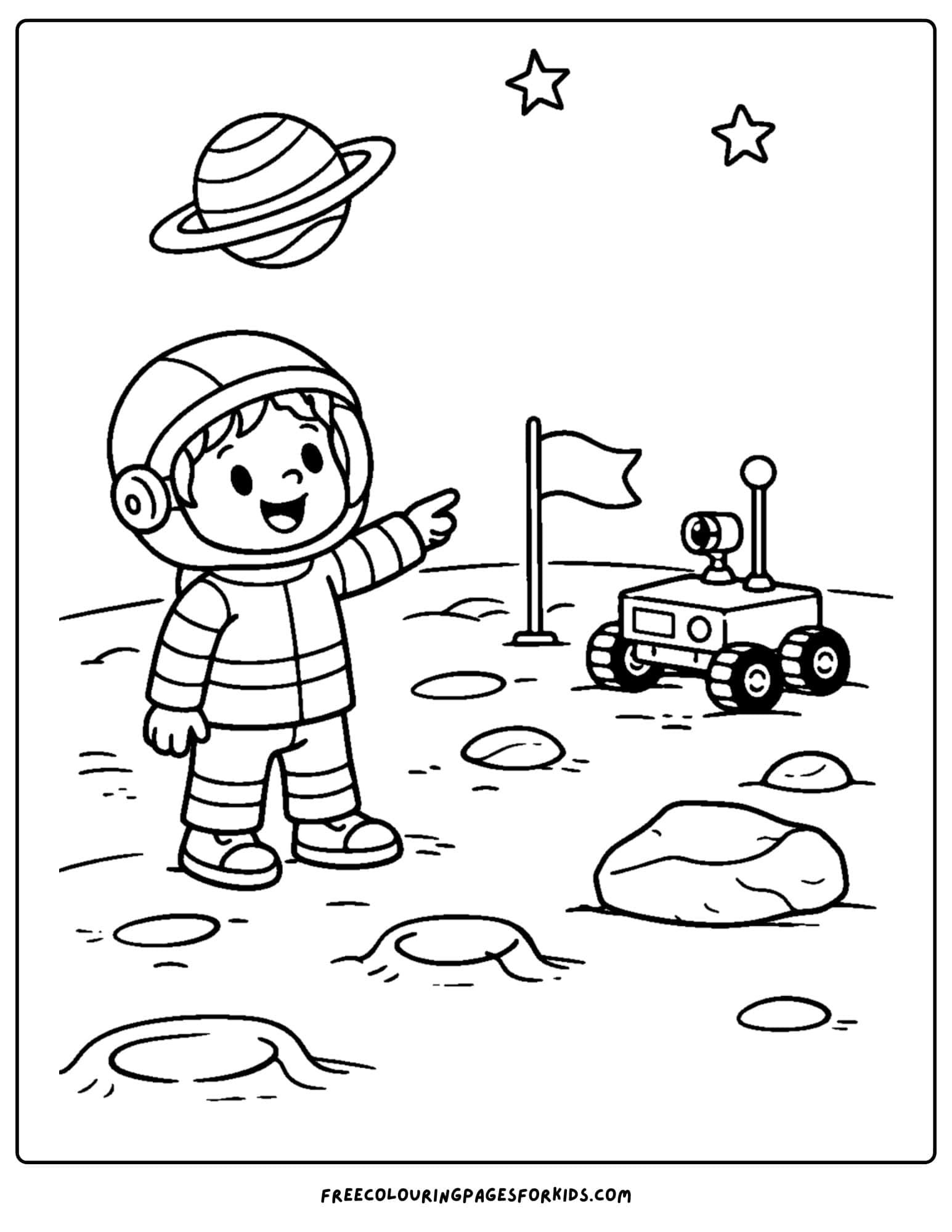 a coloring page for boys featuring a space rover on the moon with a boy astronaut