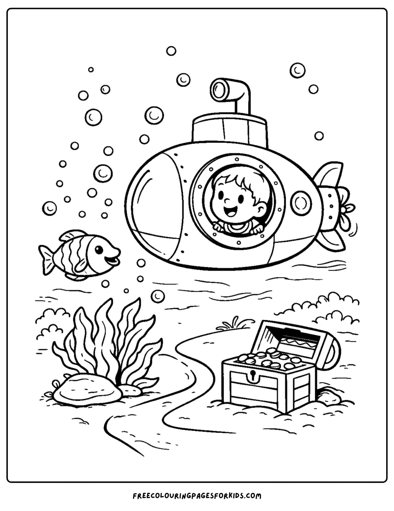 a coloring page for boys featuring an underwater scene of asubmarine, fish and treasure chest